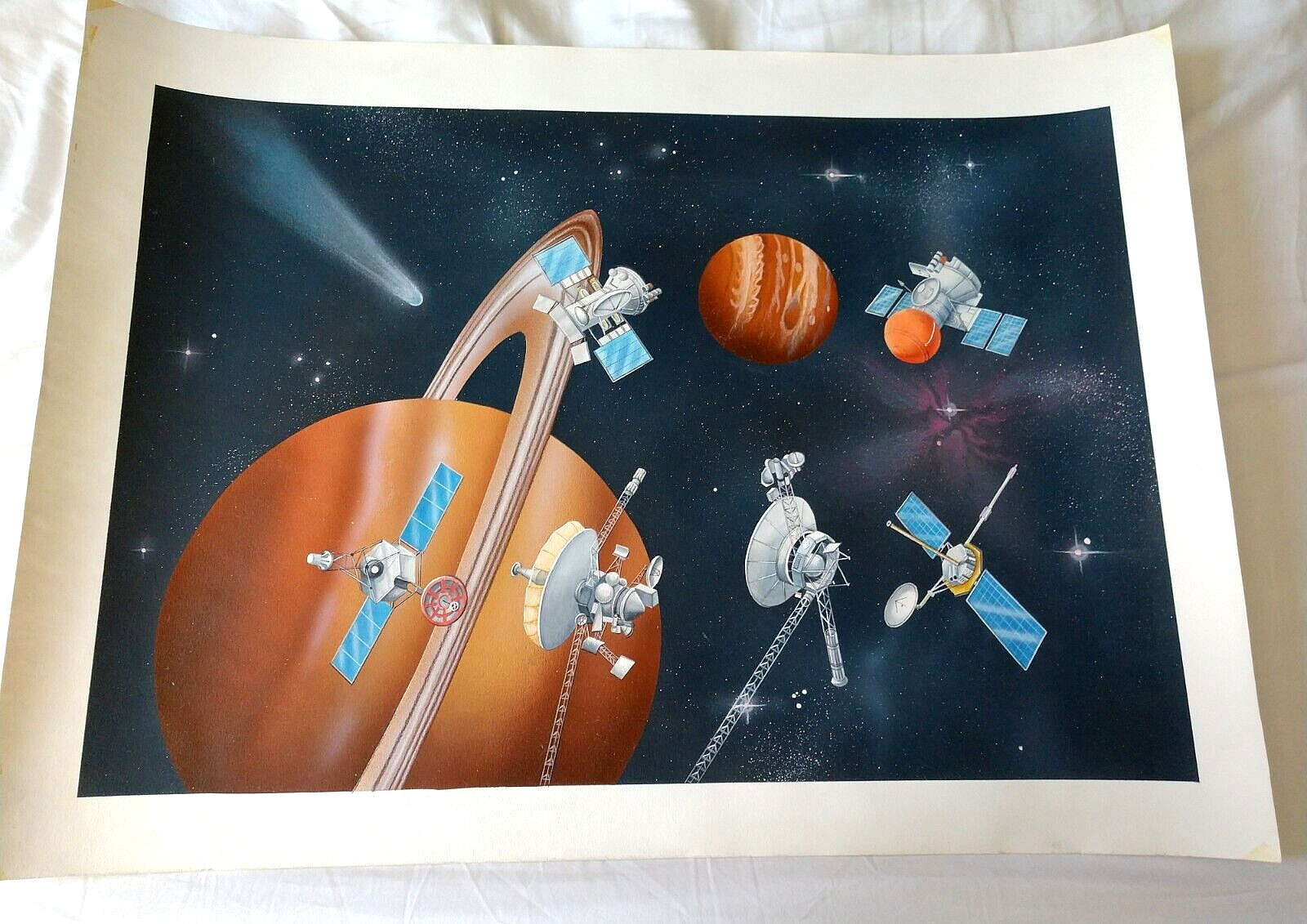 Satellites View Saturn Jupiter Postage Stamp Original Artwork Painting on Paper
