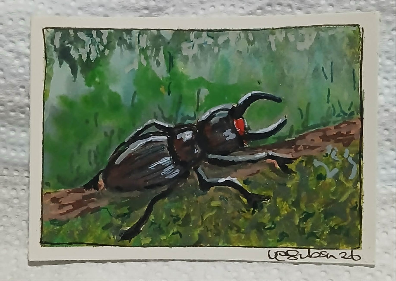 Naïve Outsider Stag Beetle on Forest Branch — OOAK ACEO Watercolor by Virginia