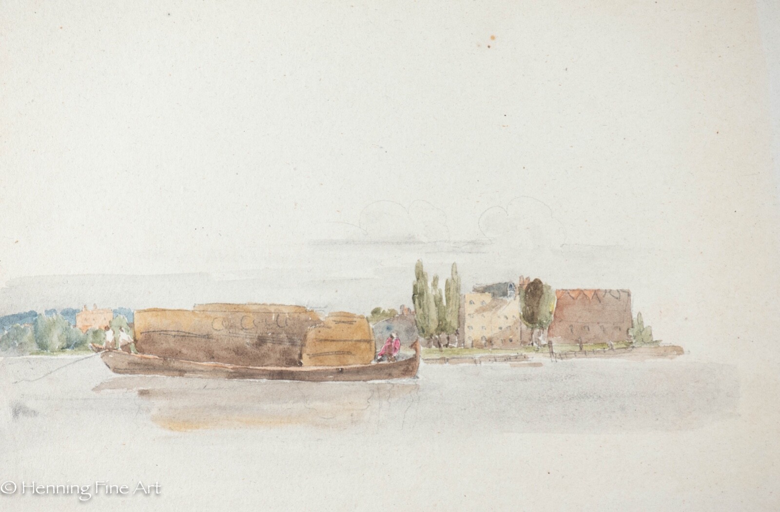 Antique Middle Eastern Watercolor Coastal Riverscape w/ City, Fine Verso C. 1810