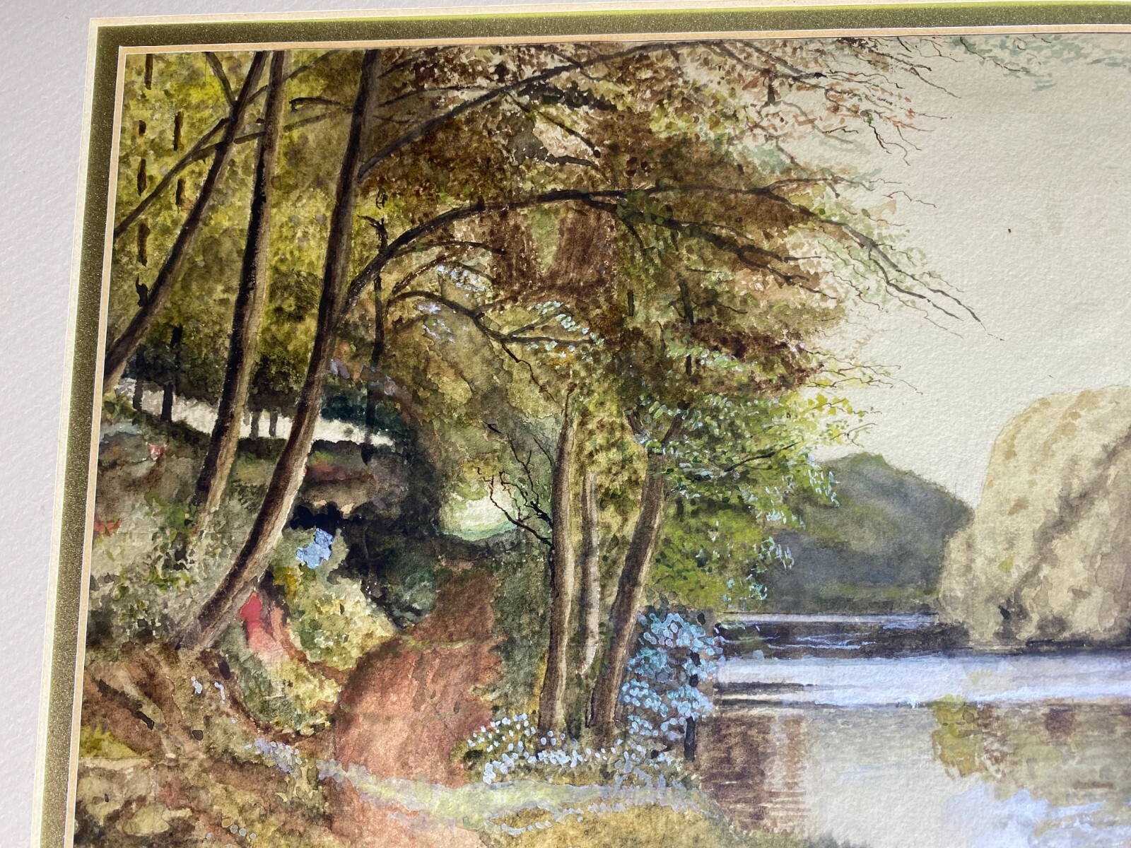 Antique W Higher «River Landscape Scene» Watercolor Painting – Signed And Framed