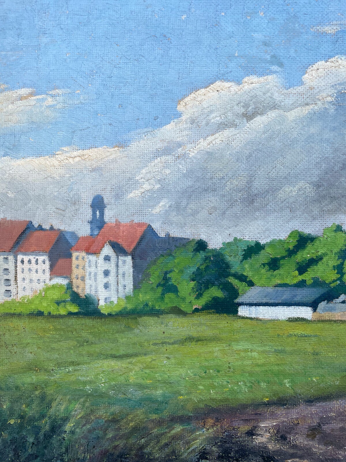 Impressionist Anonymous Summer Landscape Small Town Meadow Field Path Cloudy Sky