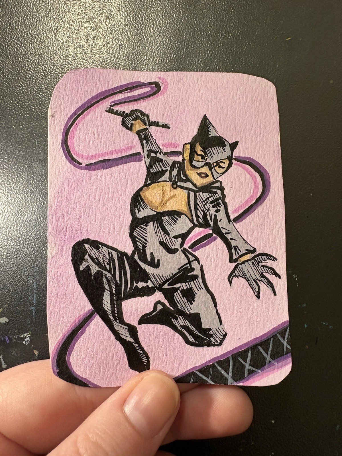 ACEO Original Pinup Lady Catwoman DC Acrylic on Paper 2.5×3.5 by BrieMcDoodles