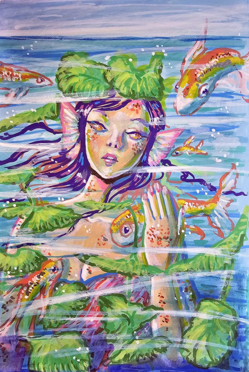 Original OOAK Goldfish Mermaid 9×12 Acrylic/Ink Painting by Jo Luizen