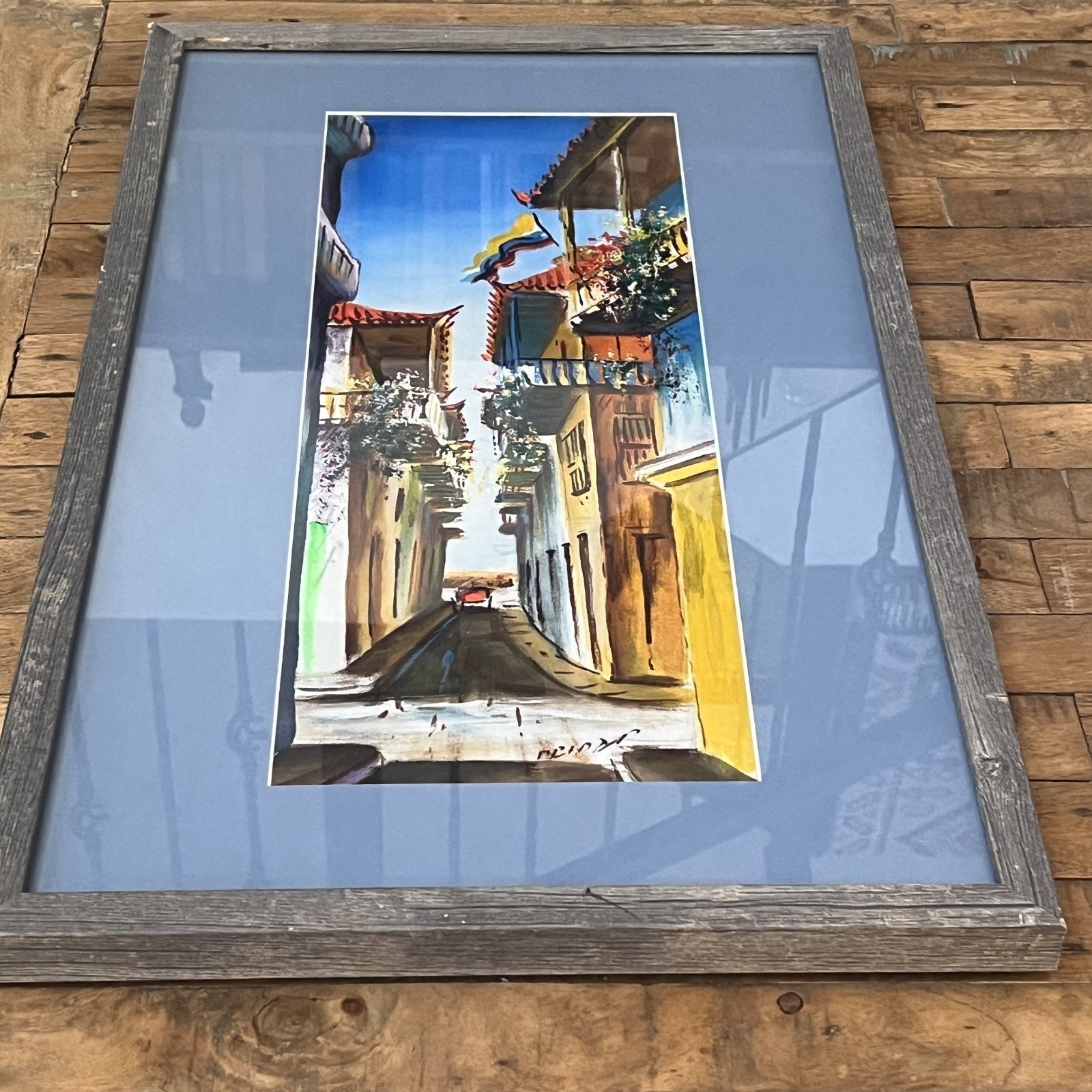 Oil Painting Colorful Street Scene in Cartagena Colombia Signed Framed 25″