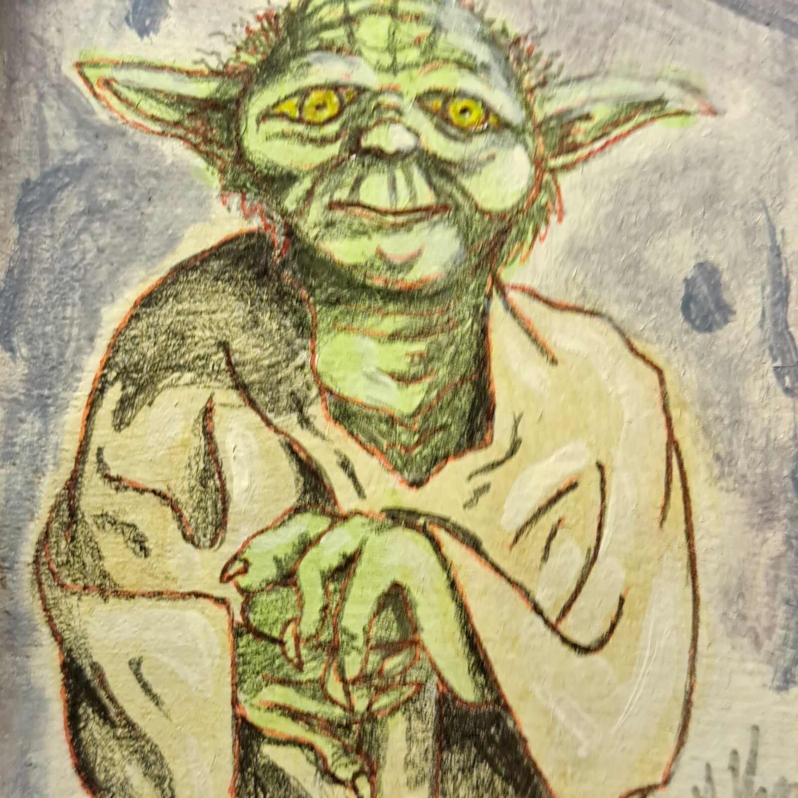 aceo original acrylic pencil ink «Star Wars Yoda» (OOAK) Limited ATC 1/1 signed