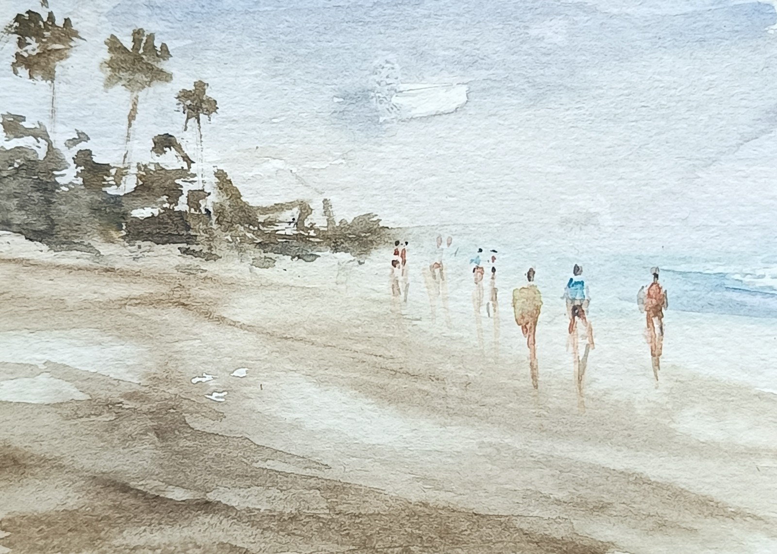 ACEO painting watercolor original Beach figures people Summer sky rural sea SIBY