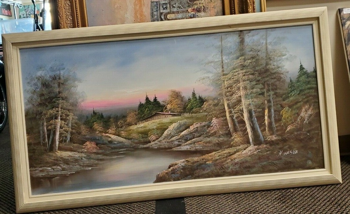River stream hills Hand Painted Original Oil Painting by H. Wilson Nature Forest