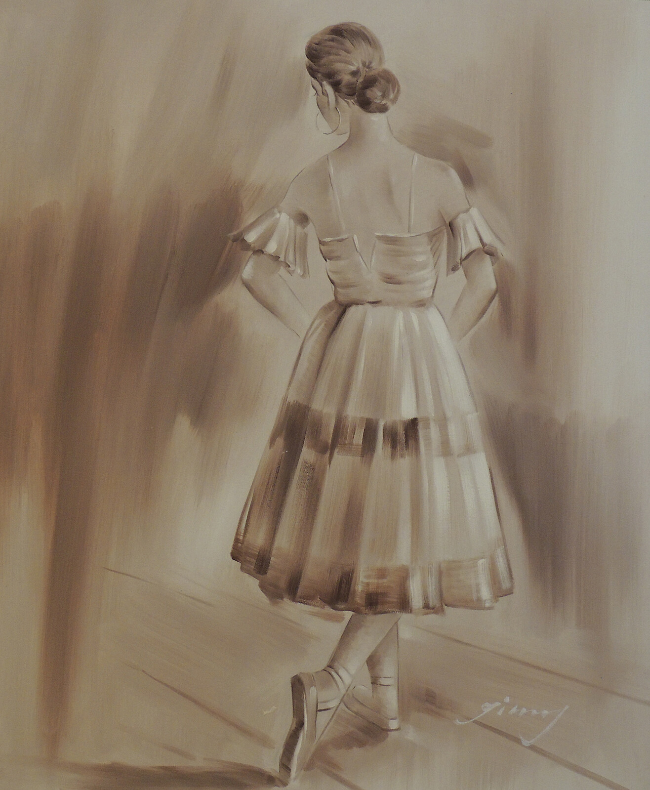 Ballerina Dancer Toe Shoes Dress At Barre Stretched 20X24 Oil On Canvas Painting