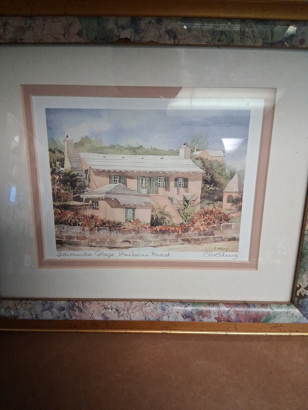 Framed C. Holding Signed BERMUDA COTTAGE HARBOUR ROAD Watercolor Print Art