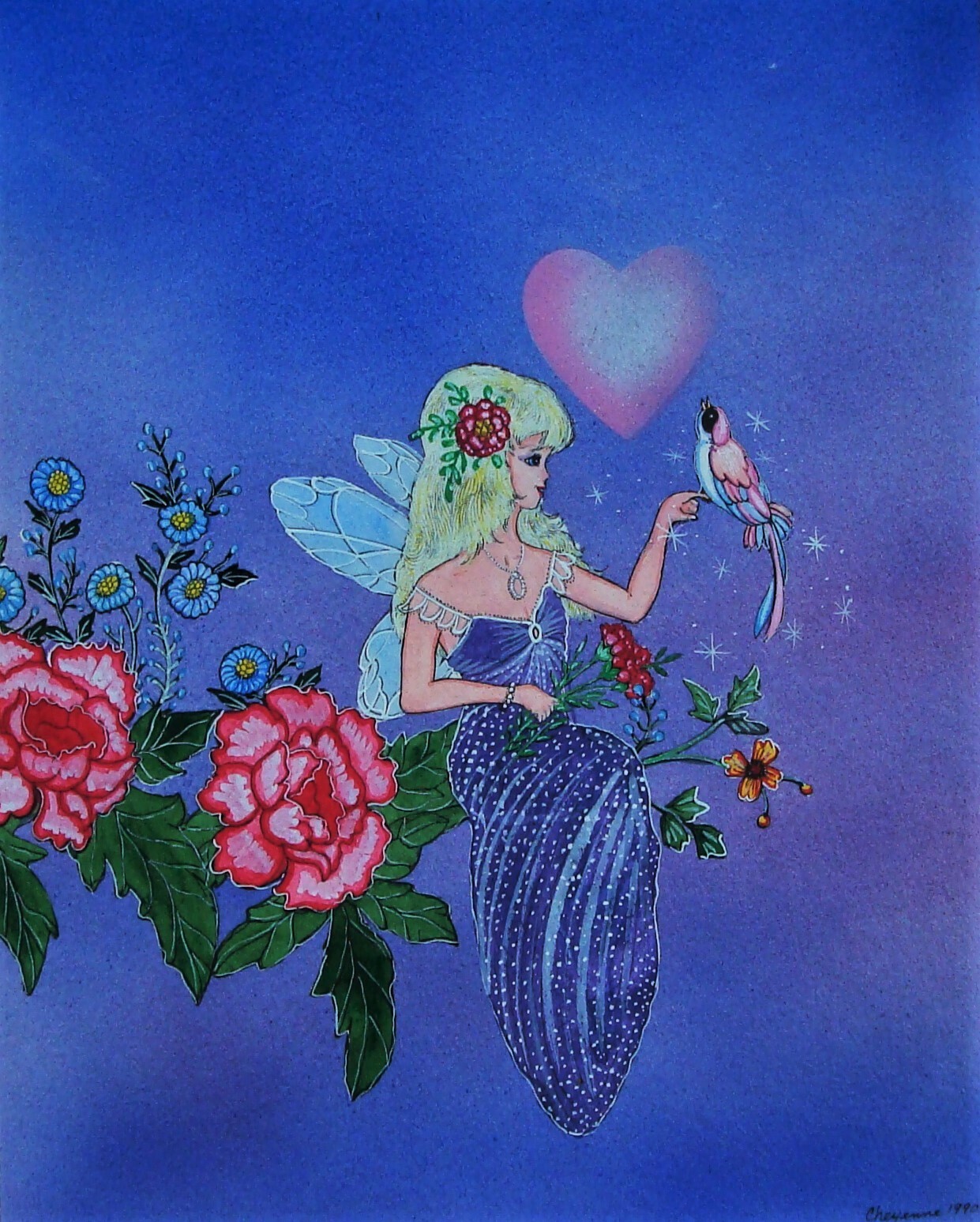 Signed CHEYENNE – Fairy with a Bird Watercolor/Gouache/Ink Illustration Painting