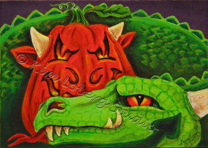 smiling Dragon Jack O Lantern Halloween Pumpkin Loberg mini Art with ACEO print