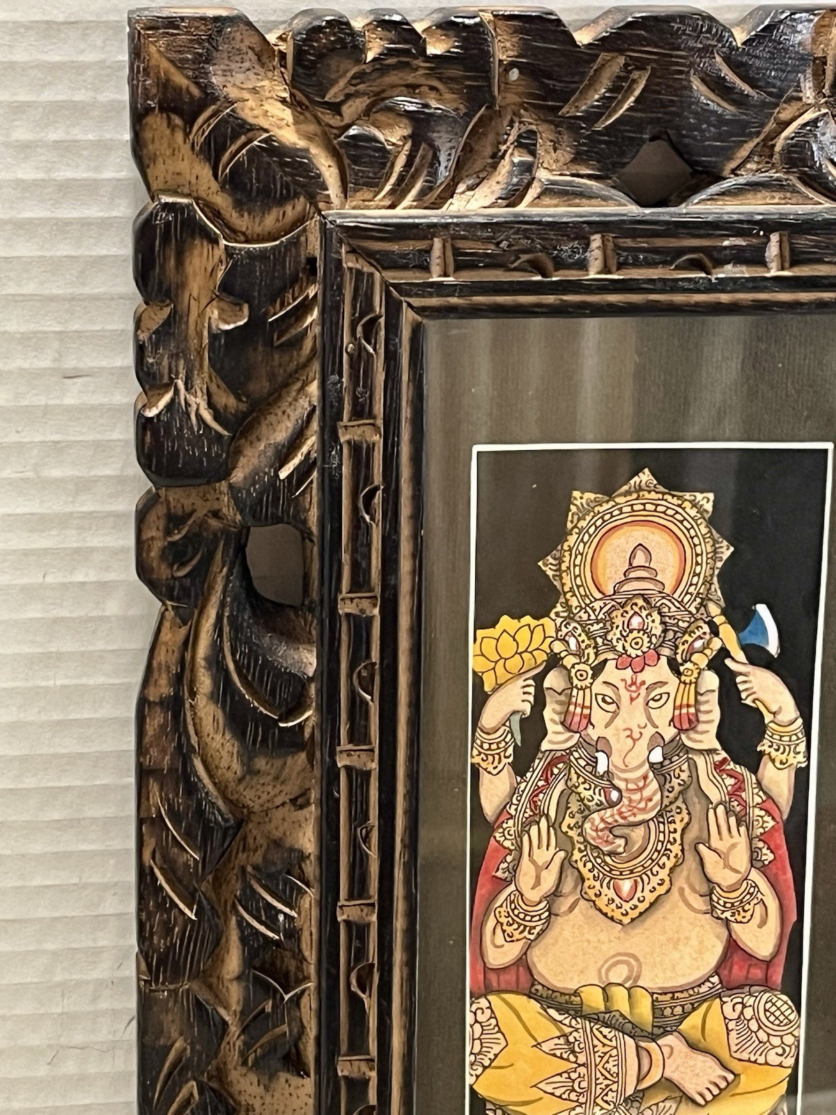 Ganapati Ganesha Water Color Art Hindu Religious Art Carved Wood Frame 13”x 7”