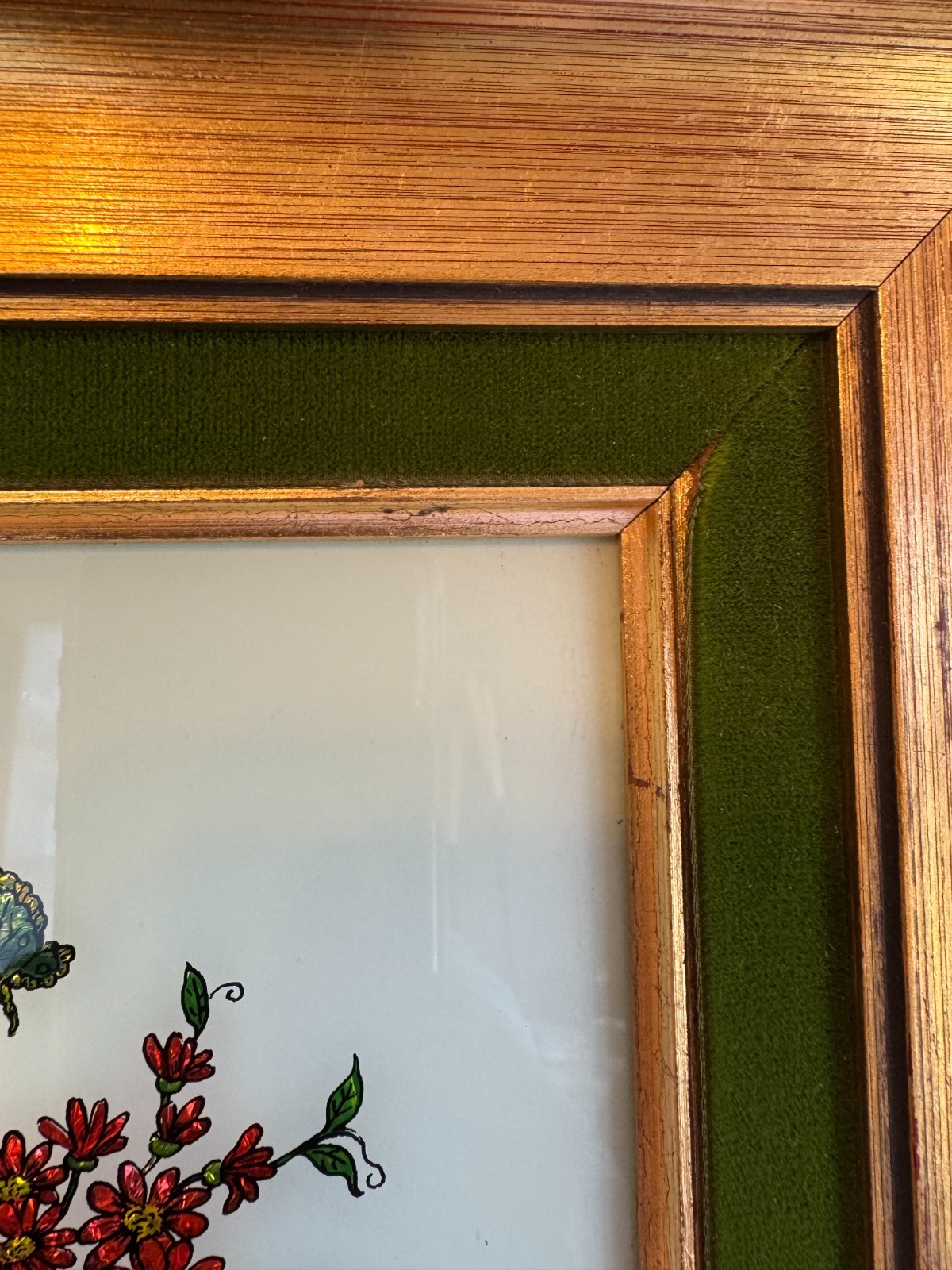 Vintage Reverse Glass Artwork, Floral, 12X14″ Framed