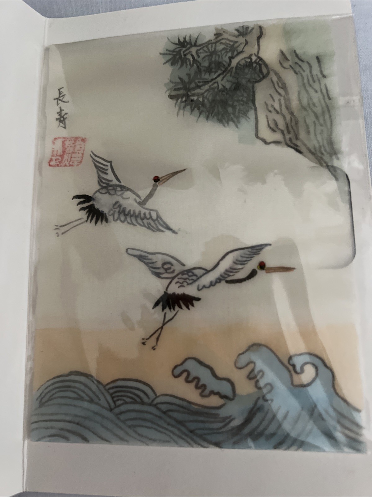 Miniature Hand Painted Rice Paper. Cranes Flying Over Waves. LAST CHANCE