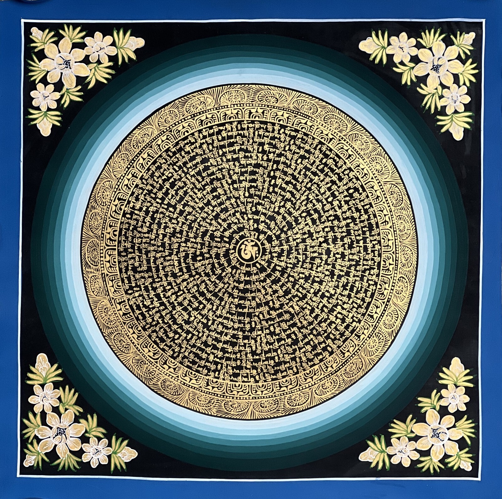 ORIGINAL OM MANI PADME MANTRA MANDALA PRAYER/MEDITATION TIBETAN THANGKA PAINTING