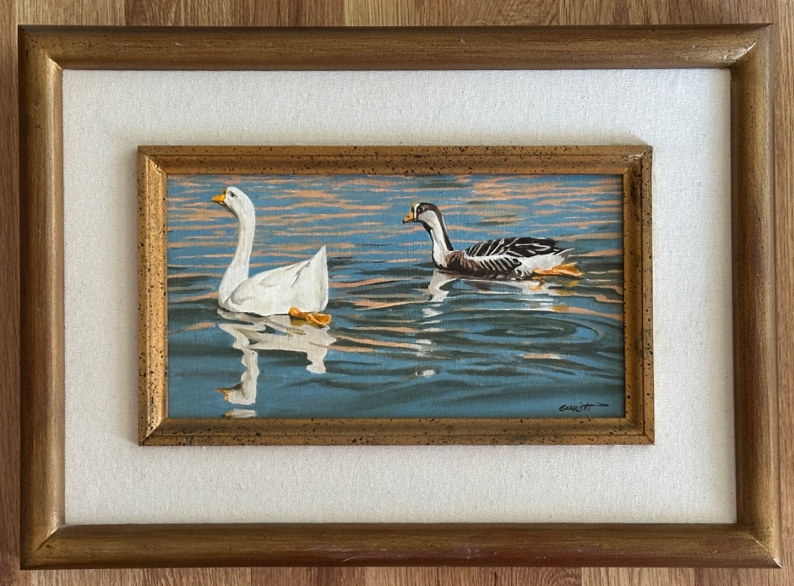 GENE GILLETTE GARRIOTT «GEESE ON WATER» OIL PAINTING ON PANEL BOARD 12″ X 16.5″
