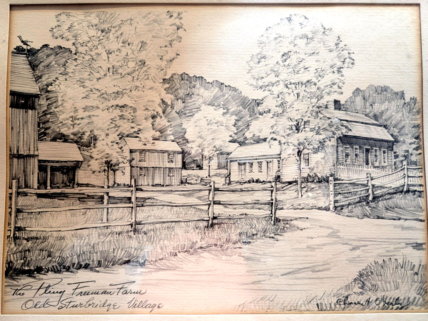 Vintage Signed Pencil Drawing Old Sturbridge Village Farm Framed 17×13