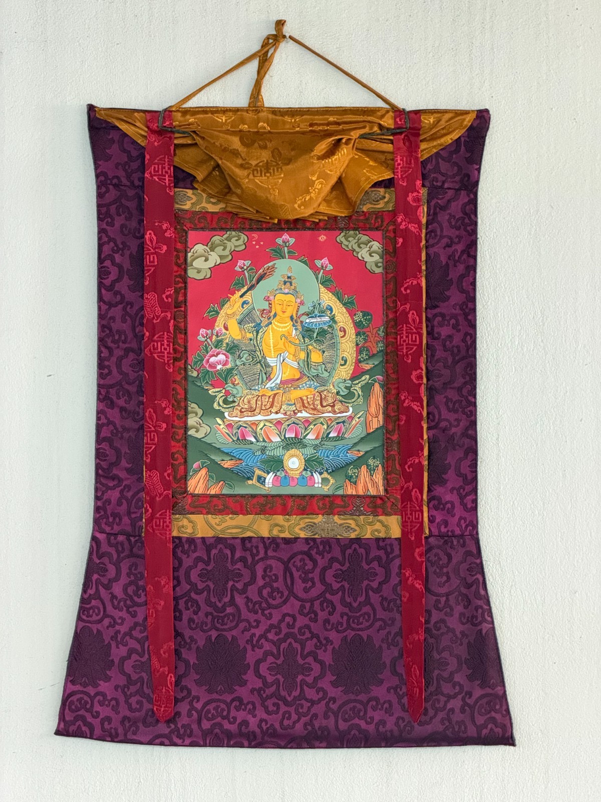 ORIGINAL HAND-PAINTED MANJUSHRI TIBETAN THANGKA PAINTING WITH SILK BROCADE