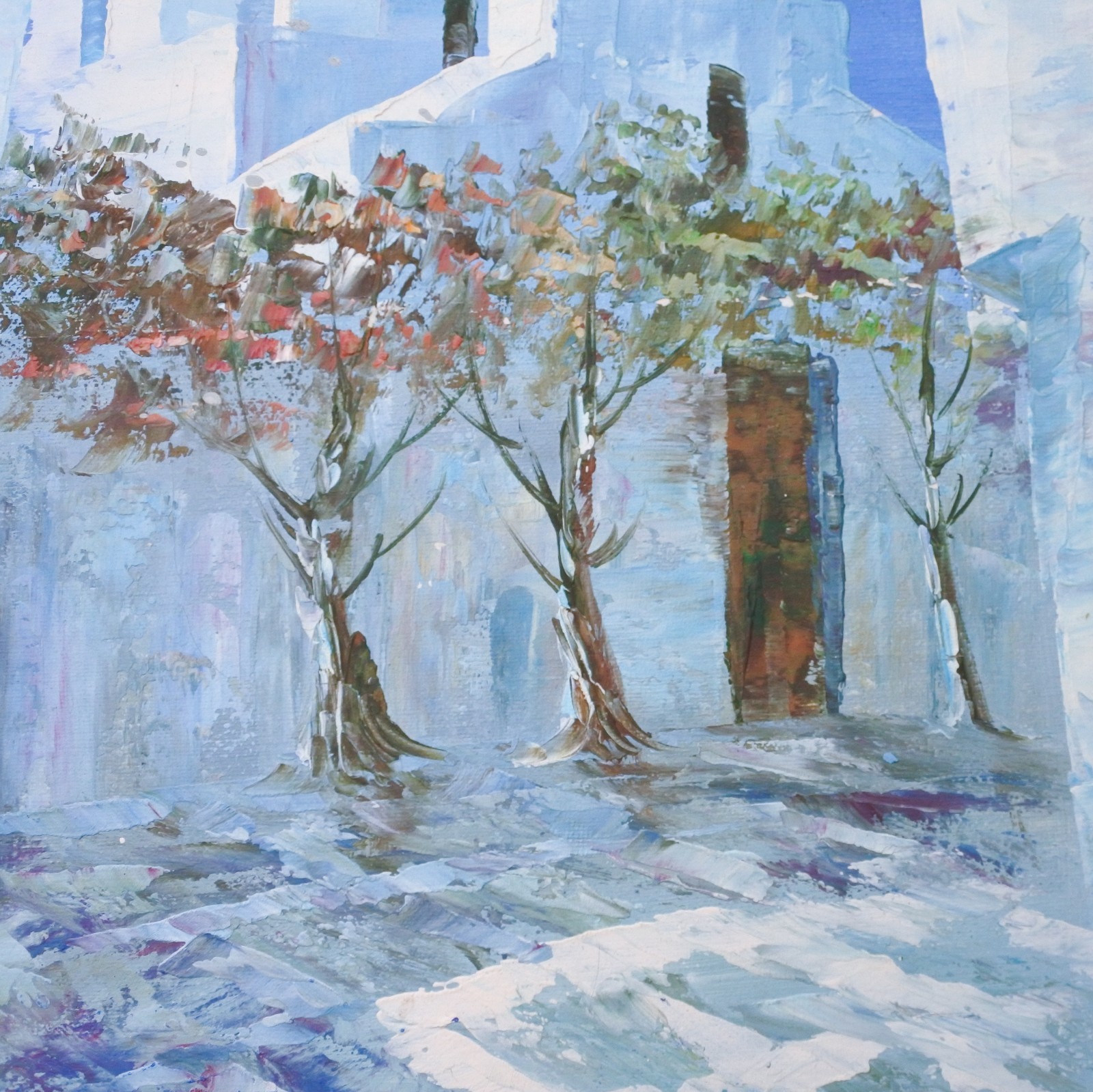 Vintage Original Oil Painting Greece Santorini Church Shabby Chic Artwork
