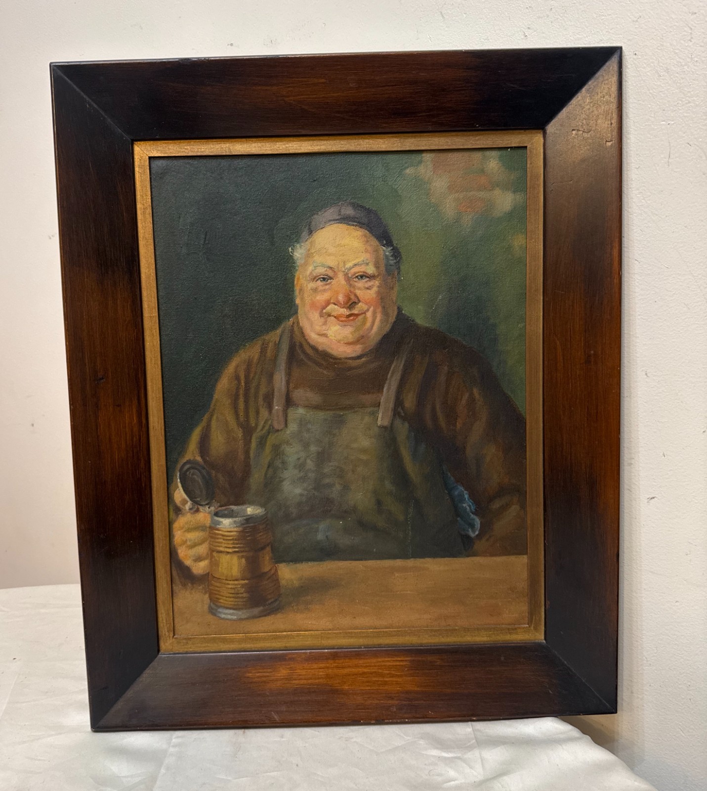 Vintage original realistic monk with stein friar religious oil painting on board