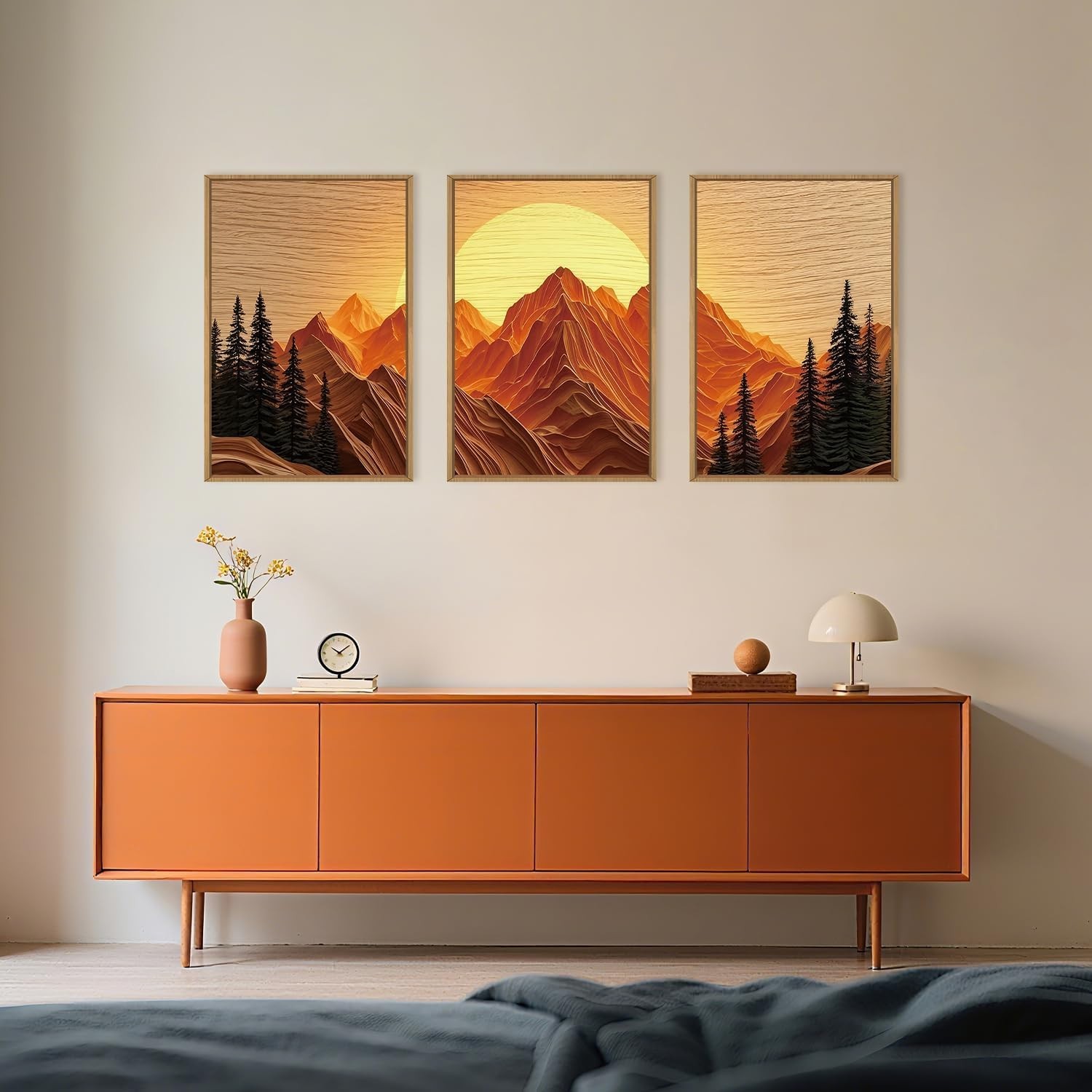 Large Mountain Framed Canvas Wall Art Set, Abstract Ridge Sun Painting, Boho Sun
