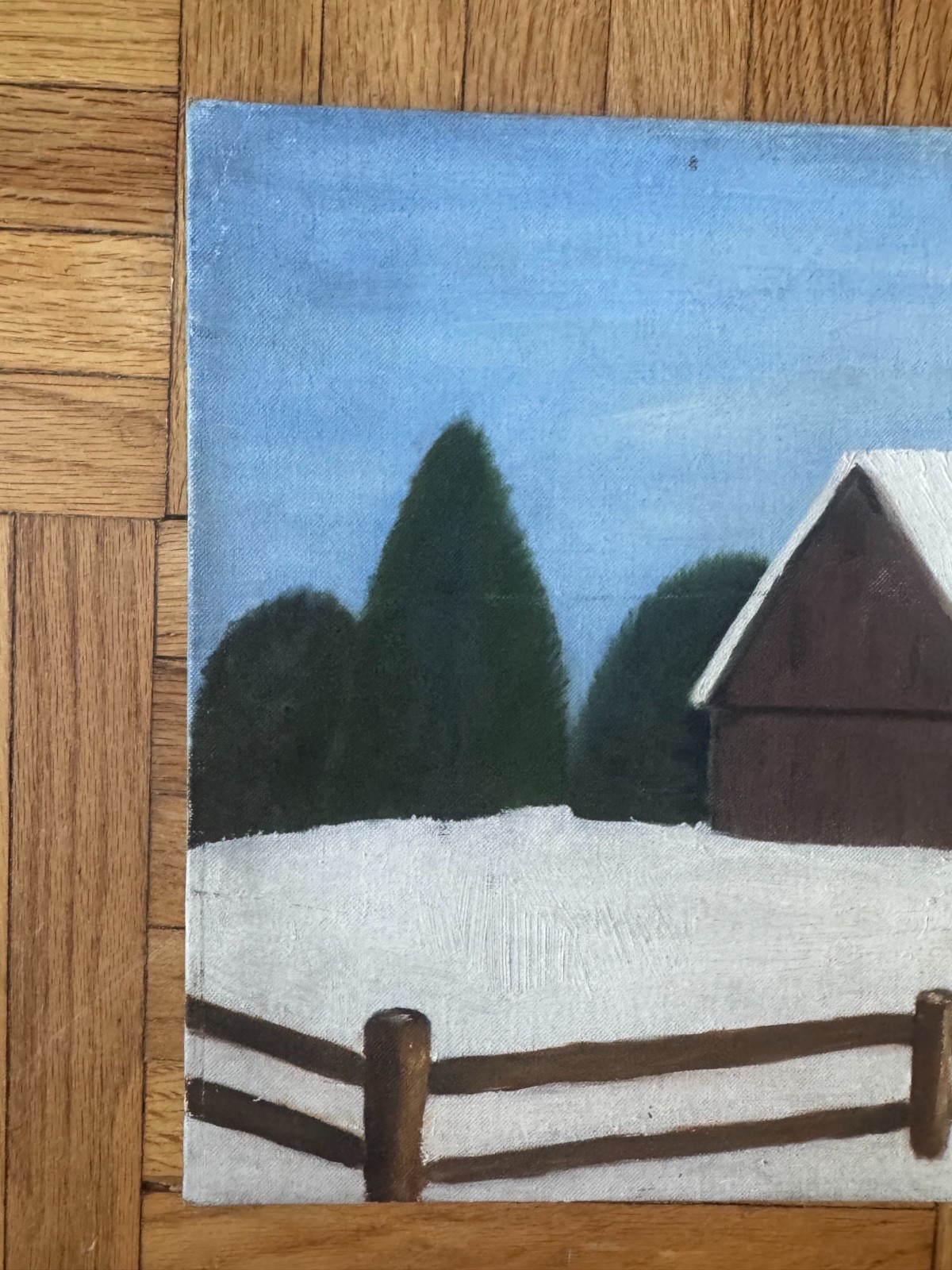 Vintage Barn Snowy Field Minimal Painting Landscape Acrylic On Board 14″x 18″