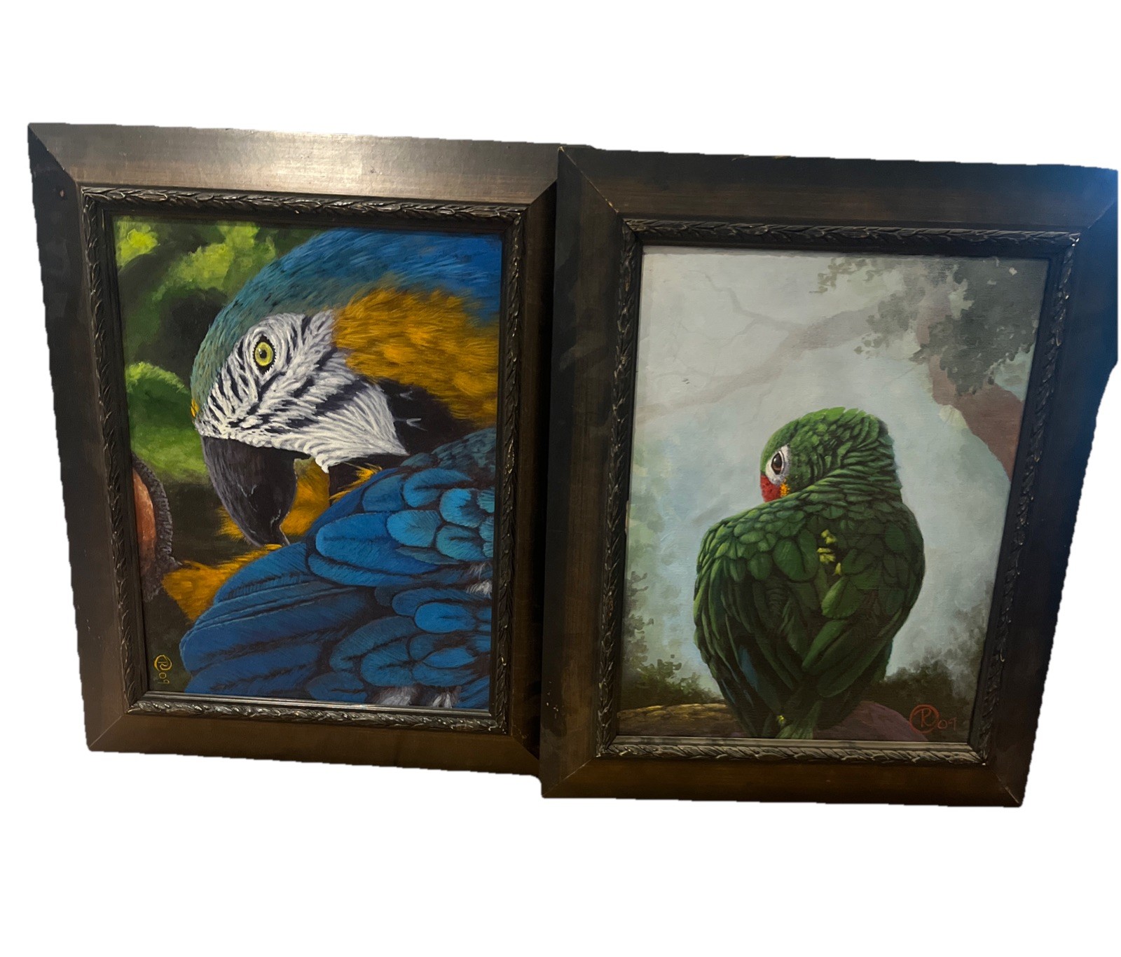 2 Paintings Tropical Parrots on Canvas Framed Signed 15×18”Artwork ~10×14”