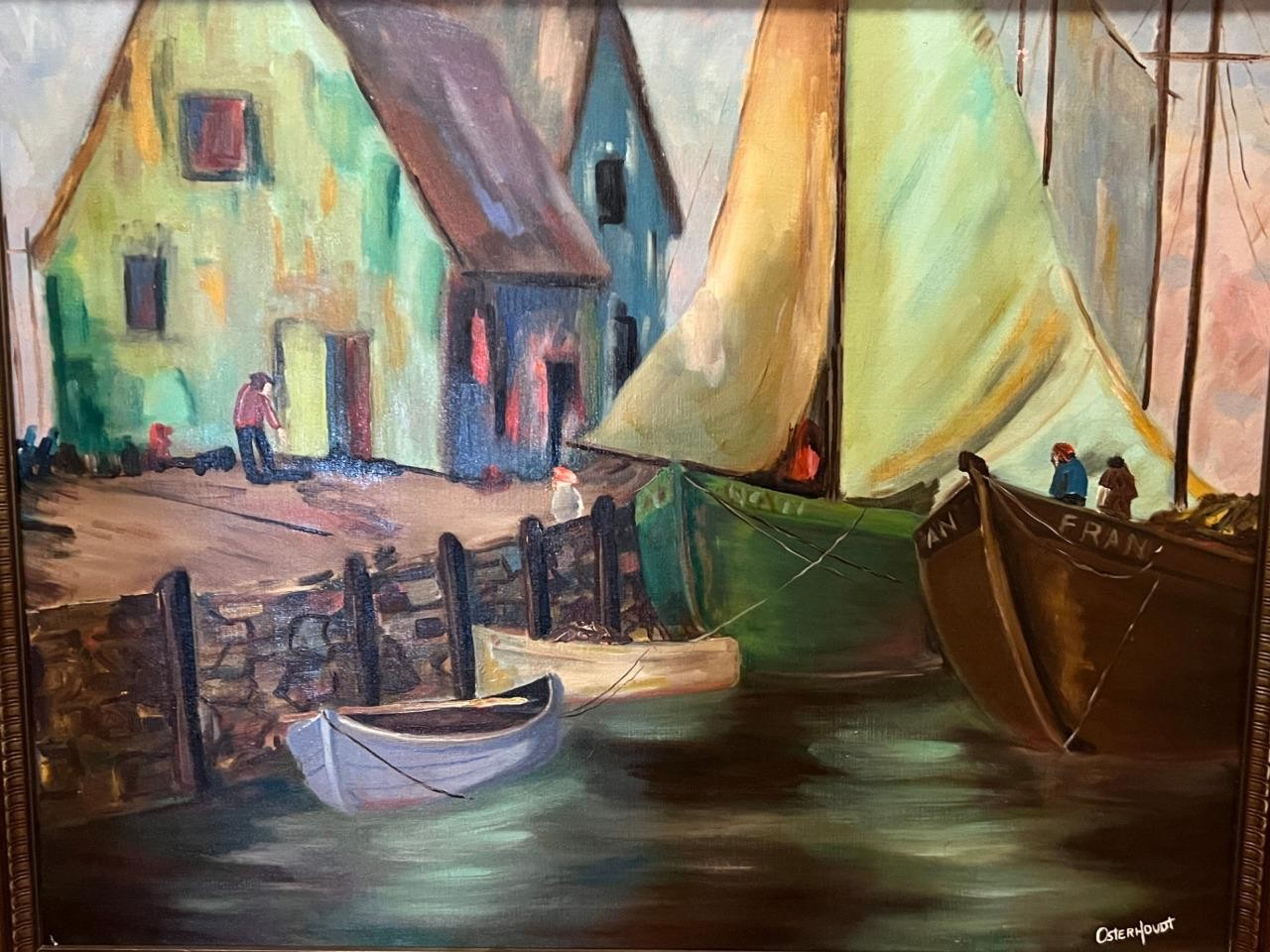 Original Oil Painting Nautical Coastal Landscape Boats Ships Signed Osterhoudt