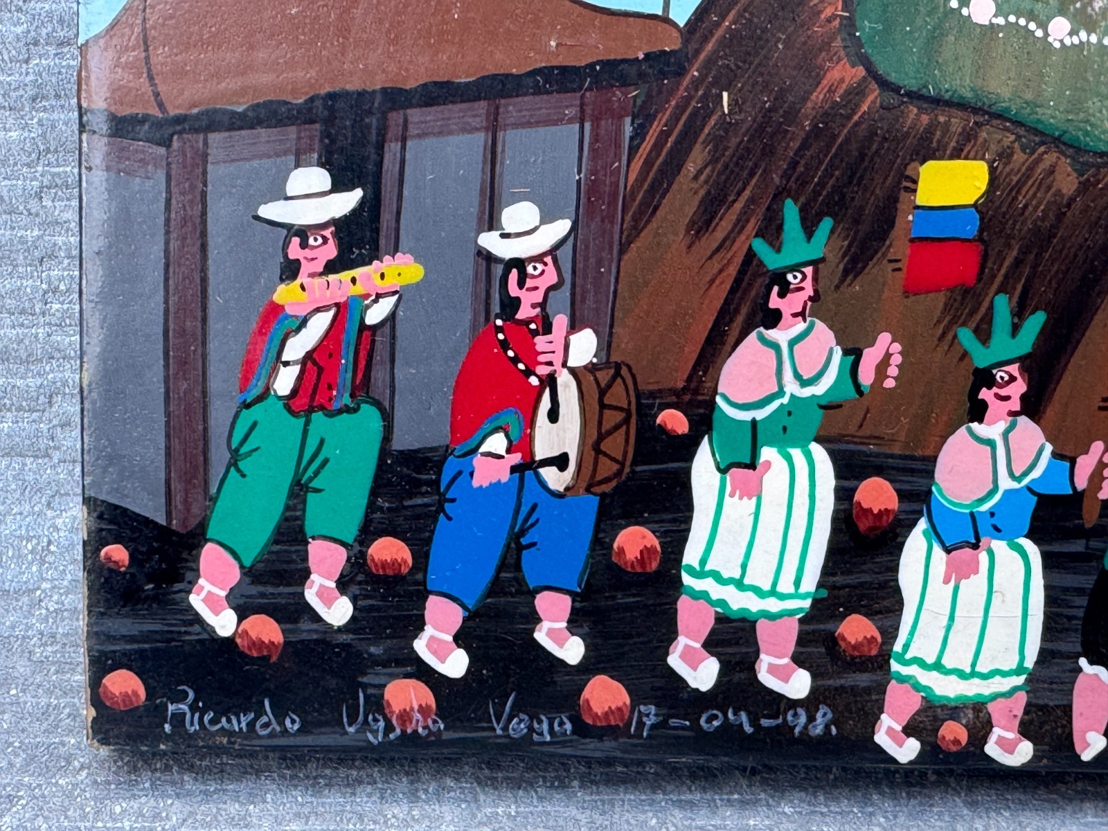 2 ALBERTO RICARDO VEGA ORIGINAL TIGUA PAINTING PERU PERUVIAN FOLK ART ON LEATHER