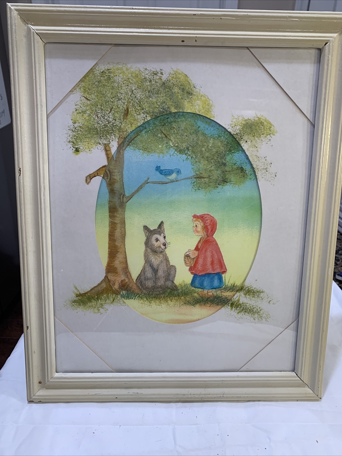 Original Little Red Riding Hood Wolf Colored Pencil Painted Framed Art Signed