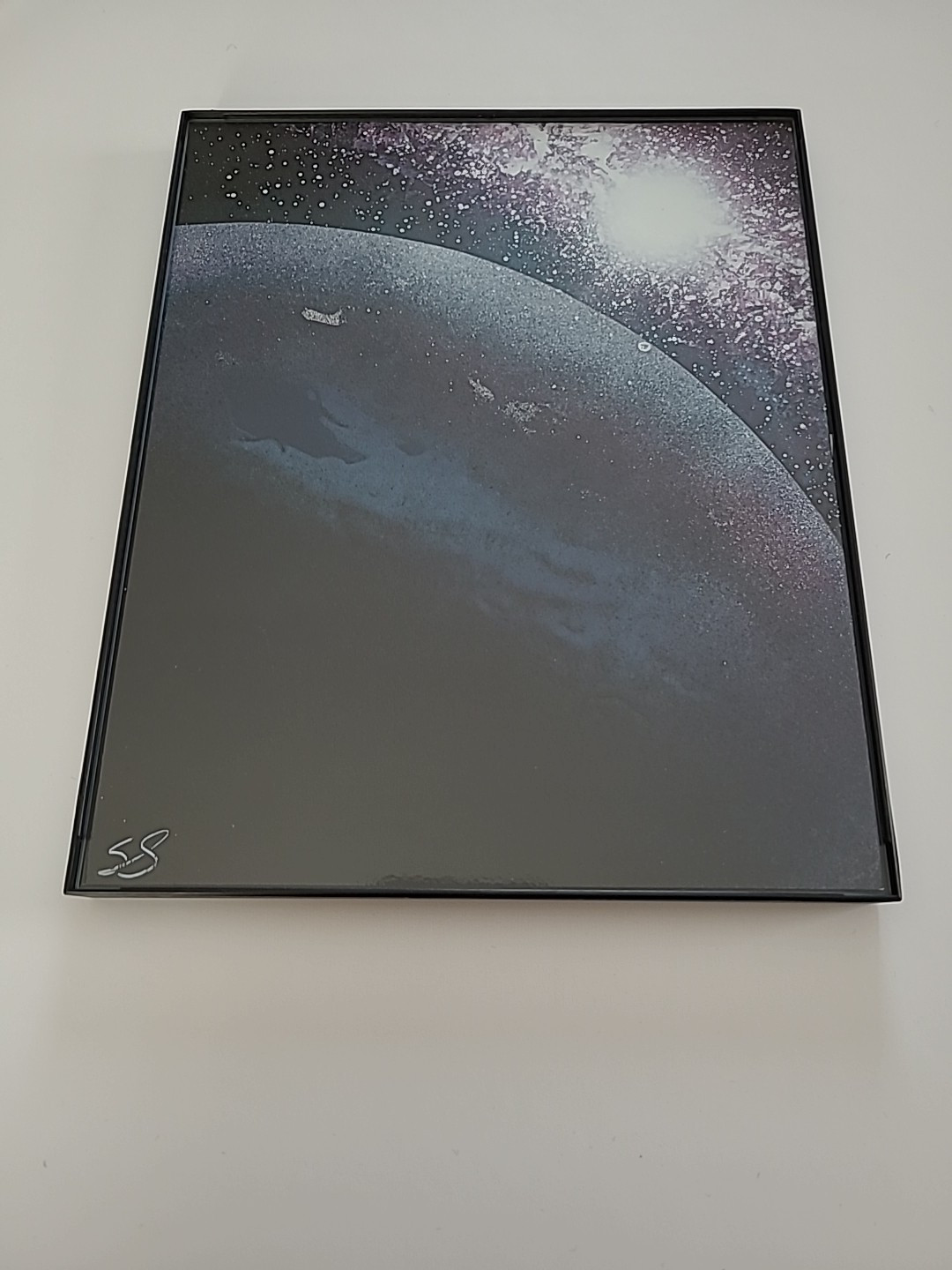 Outer Space Planet And Stars Original Spray Paint Art 8×10 Framed