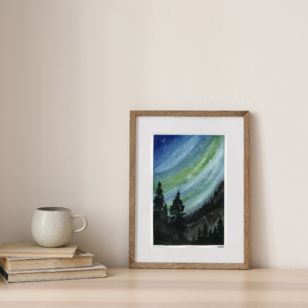 «Aurora Borealis in Teal» OOAK Original Watercolor Painting 6×9 inches