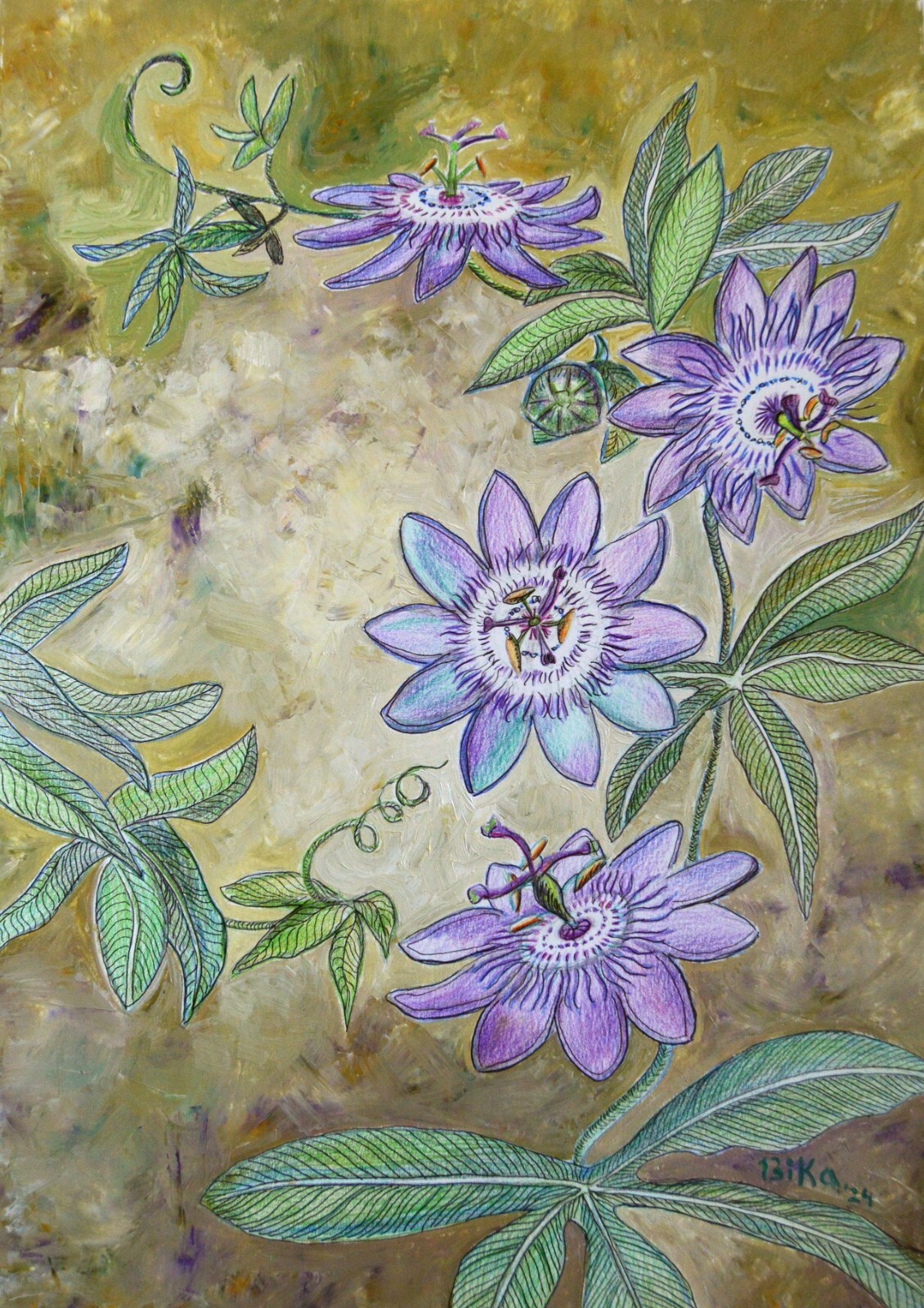 Original Passiflora Flower Painting, Garden Theme, Hand-Painted Unique Artwork