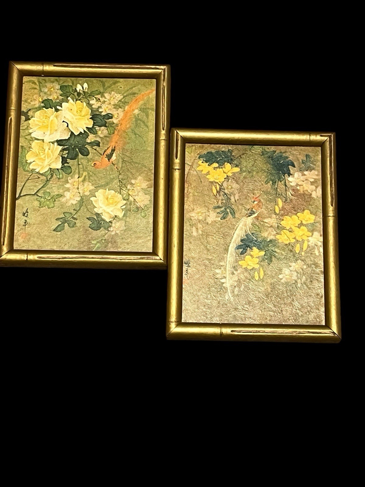 2- Vintage Asian Art Birds Painting with bamboo Style Gold Frame 7”x9”