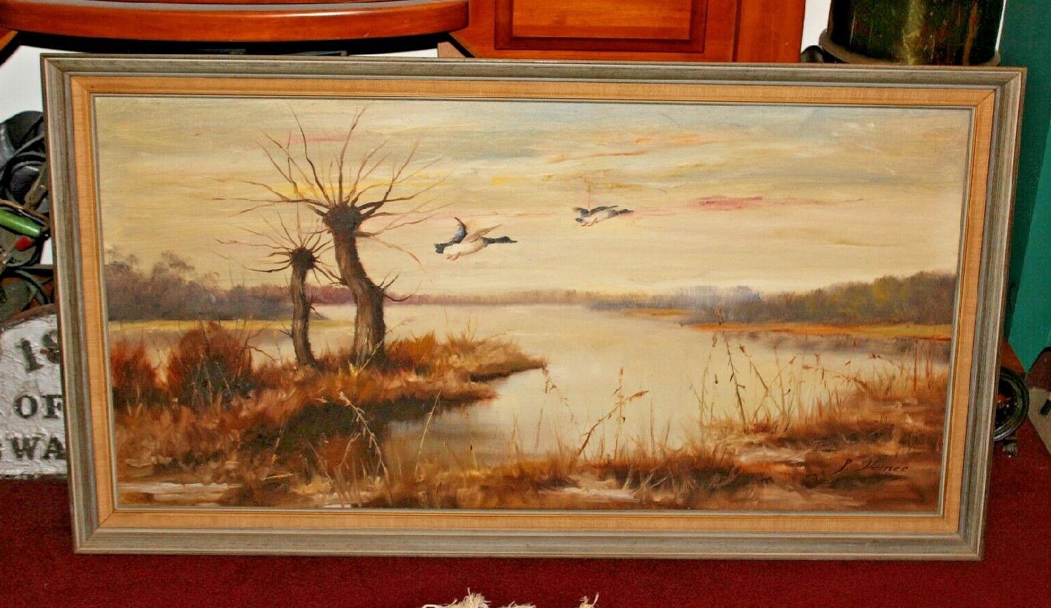 Vintage Oil Painting Ducks Flying Over Marsh Water Grass Signed P Verner Large