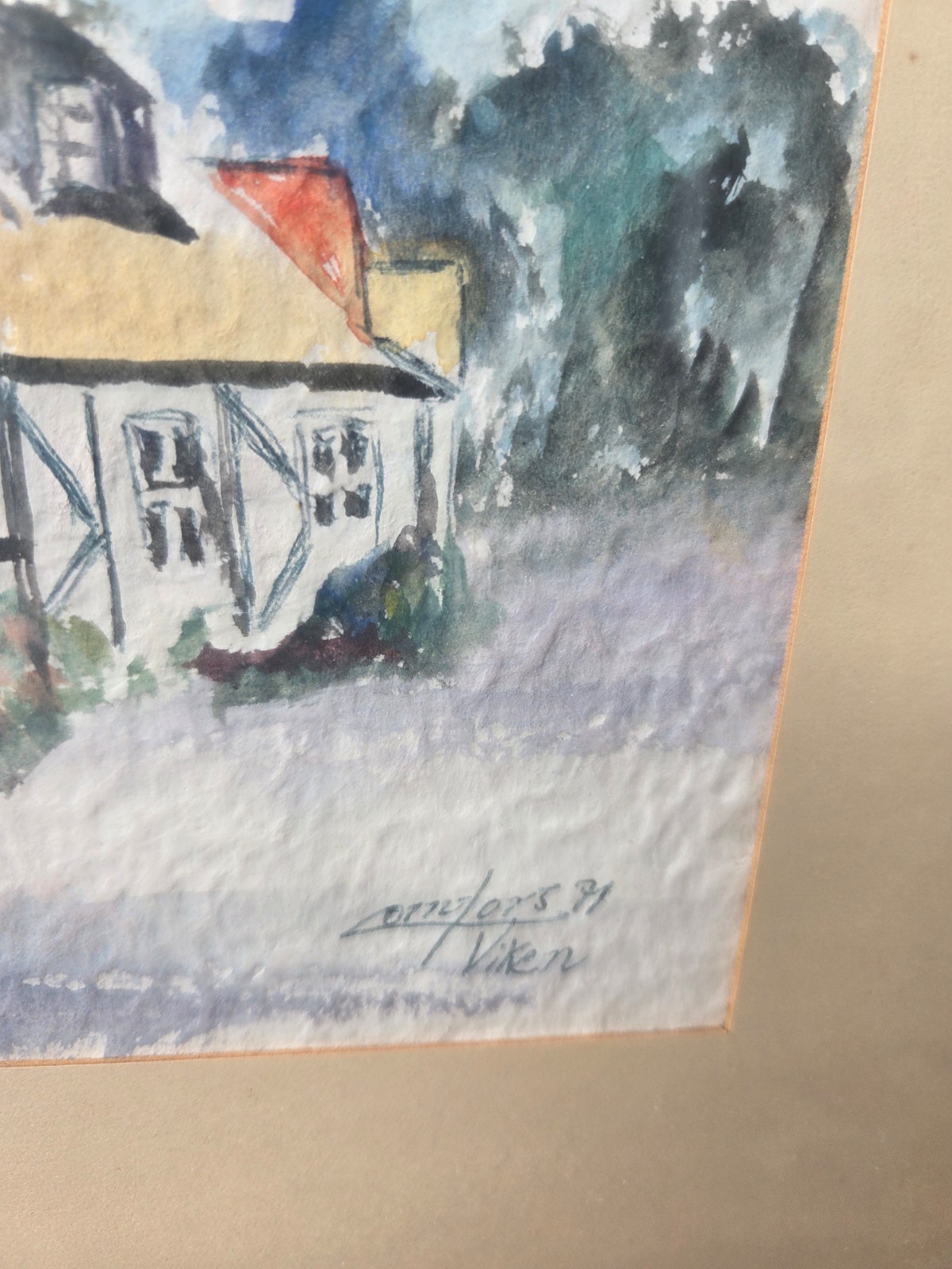 Original Swedish Watercolor Painting 1971, Viken Coastal Village Scene