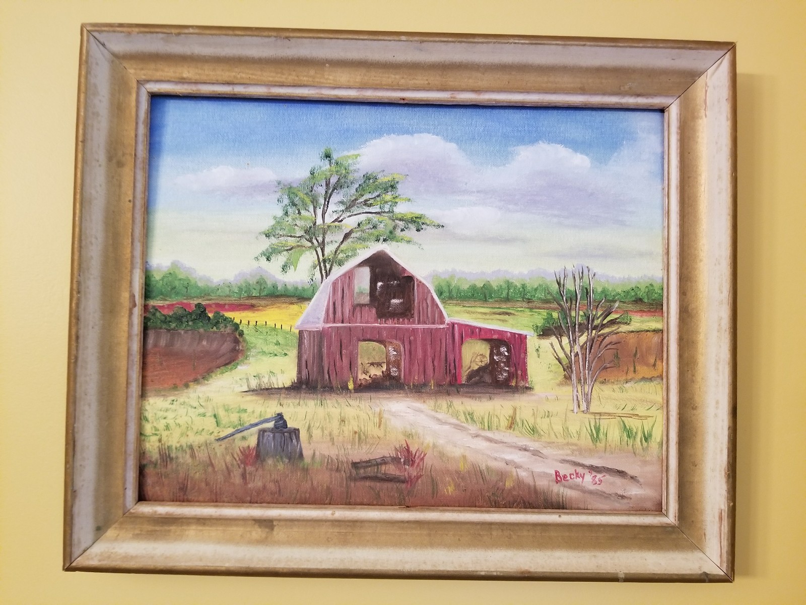 ACRYLIC ON CANVAS PAINTING ORIGINAL SUMMER FARM SCENE VINTAGE FRAME