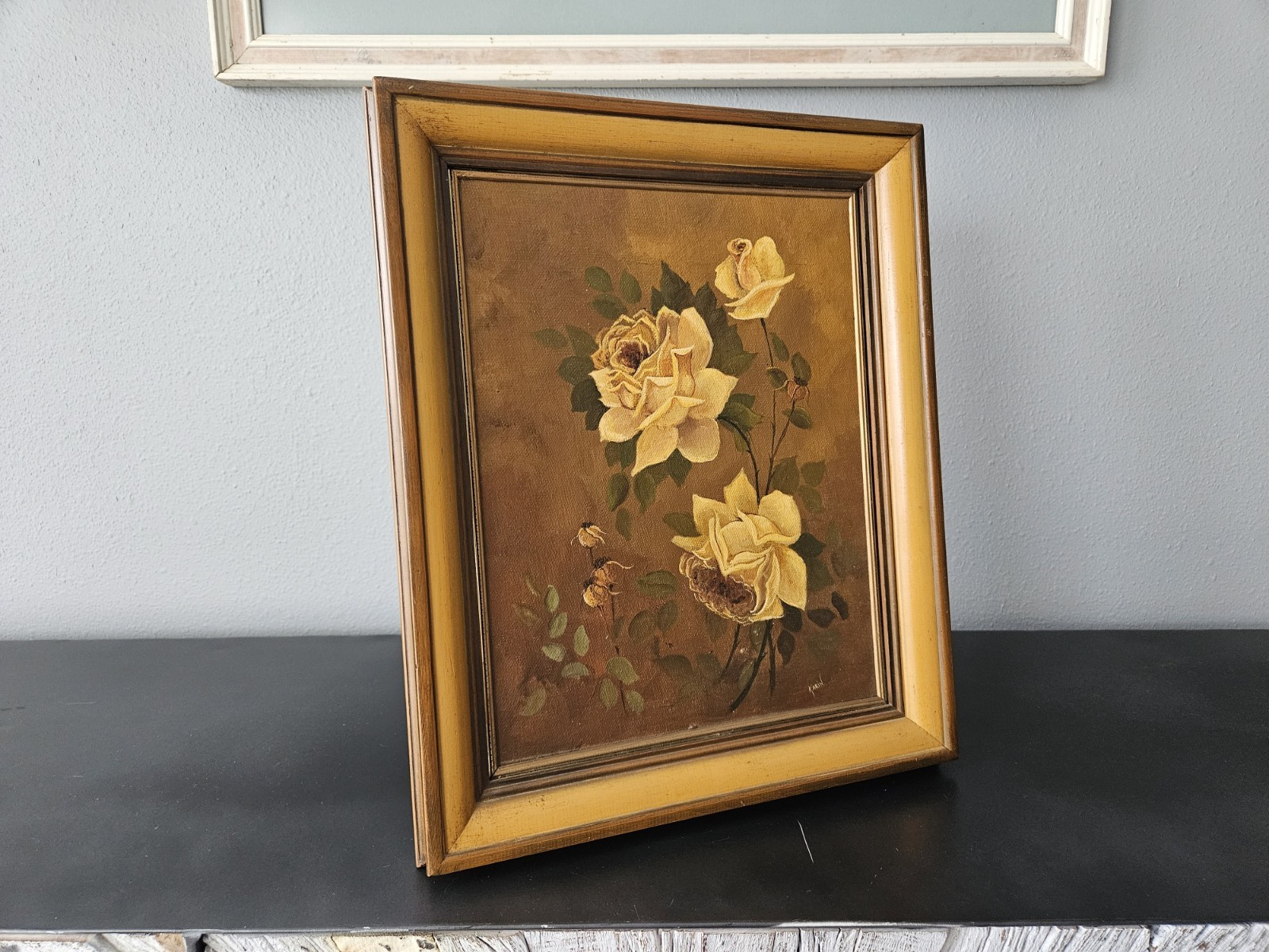Vintage Oil On Canvas Over Board Painting Yellow Roses Still Life Signed 17″×14″