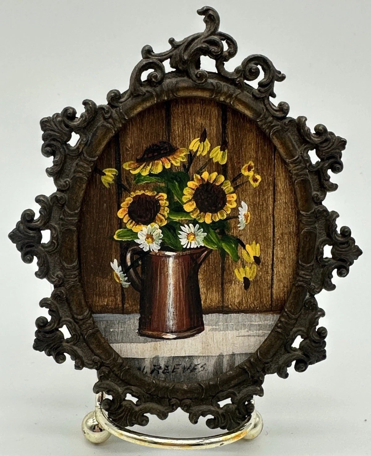 VTG signed ORIGINAL landscape mini painting in painted ornate frame Sunflowers