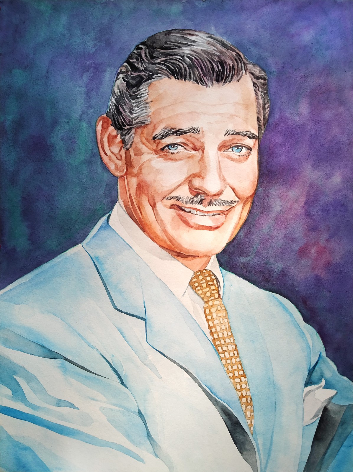 11,69 × 15,75″ Clark Gable ~smiling~ watercolor SIGNED and DATED