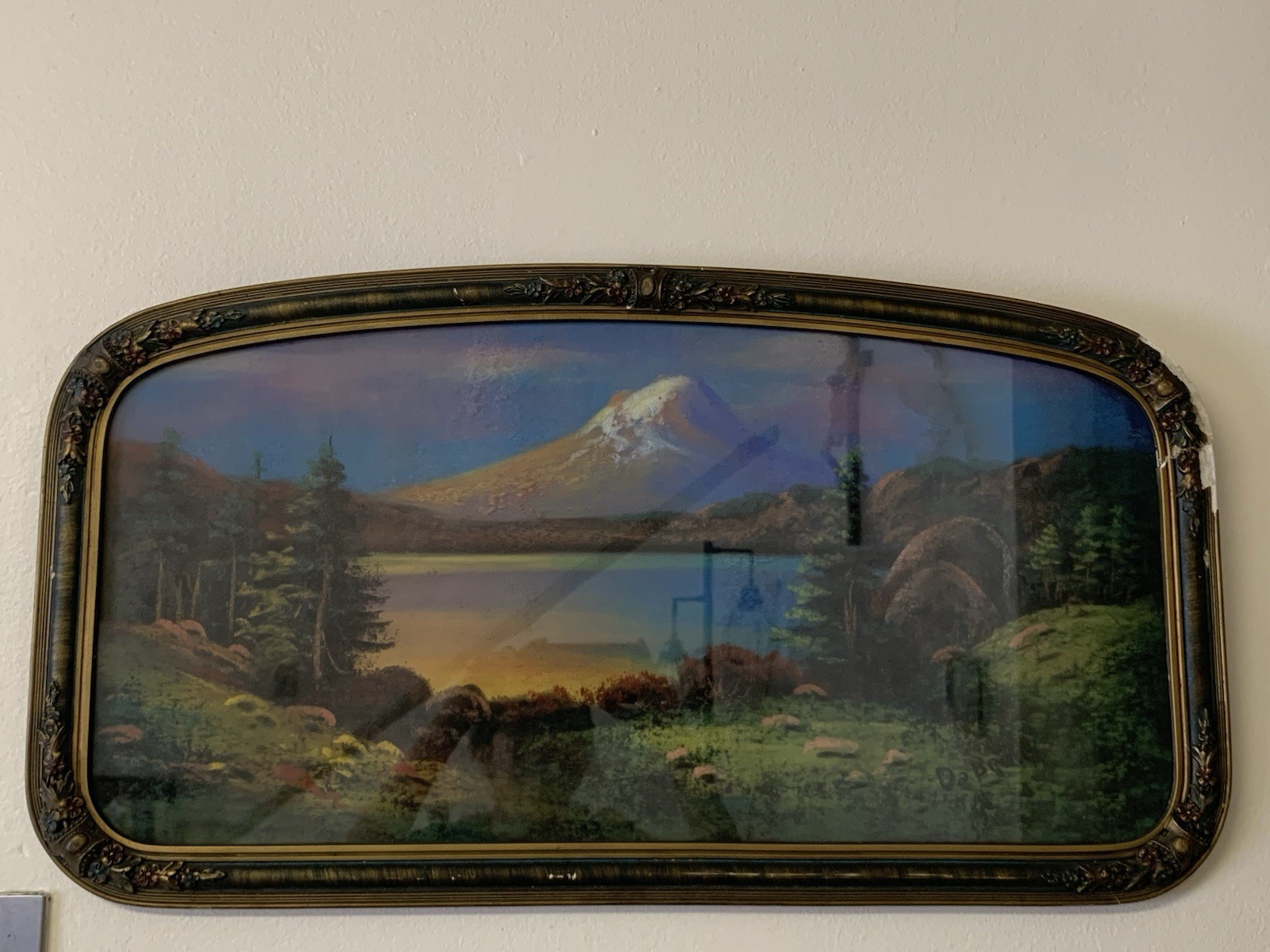 Antique Original Pastel Painting On Cardboard Landscape Mountain Lake Signed