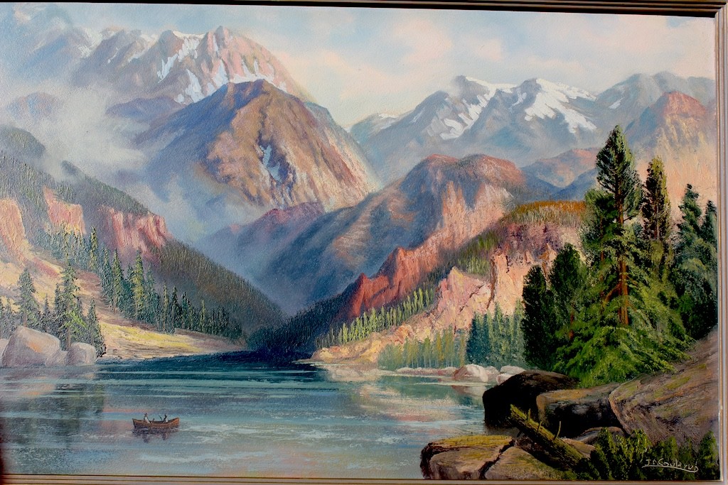 Large Idyllic Rocky Mountain Oil/board Painting early 20th C.Signed J.A.COULTRUP