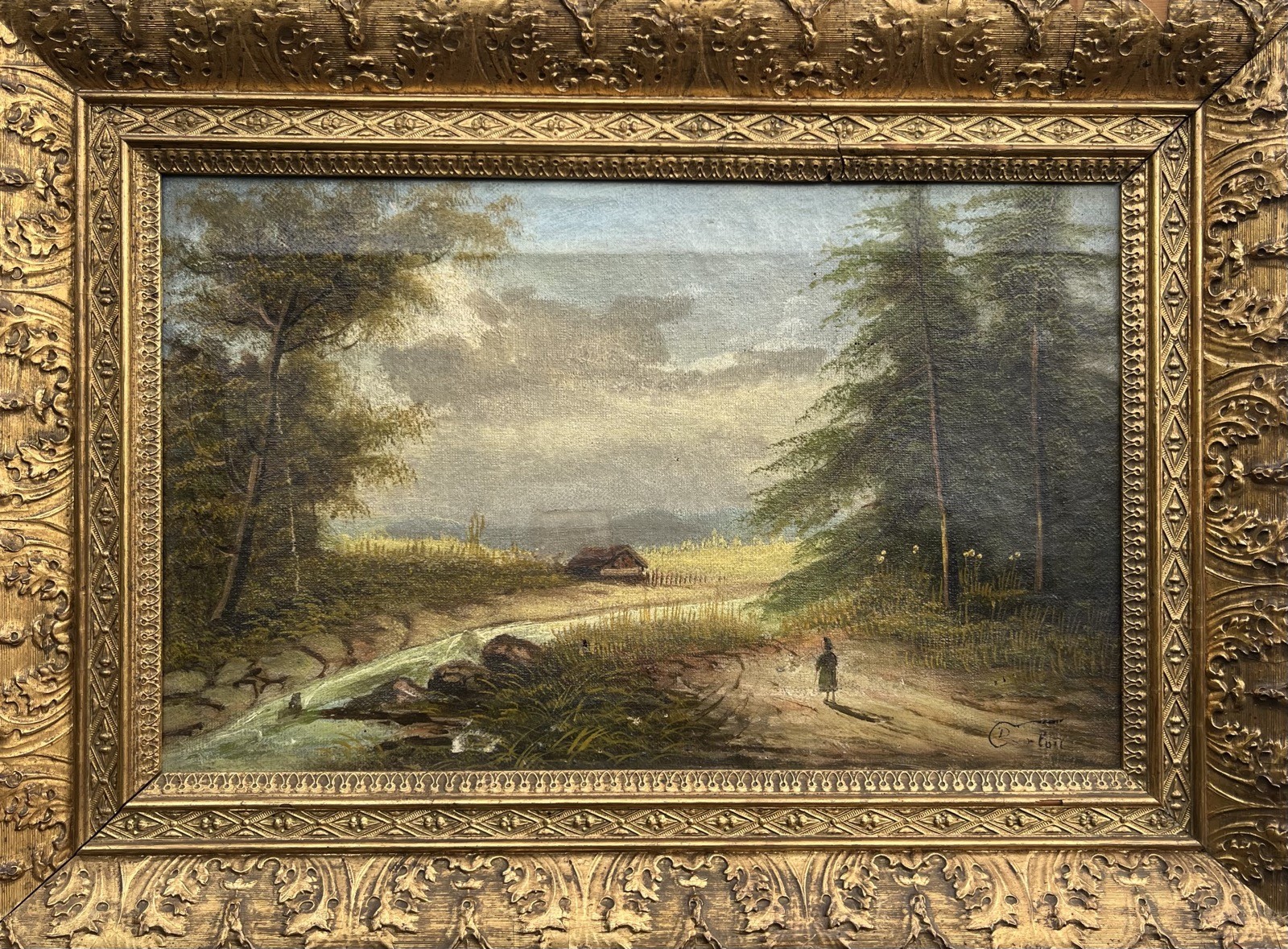 Impressionist Forest Landscape With Cottage And Person Oil Painting 19th Century