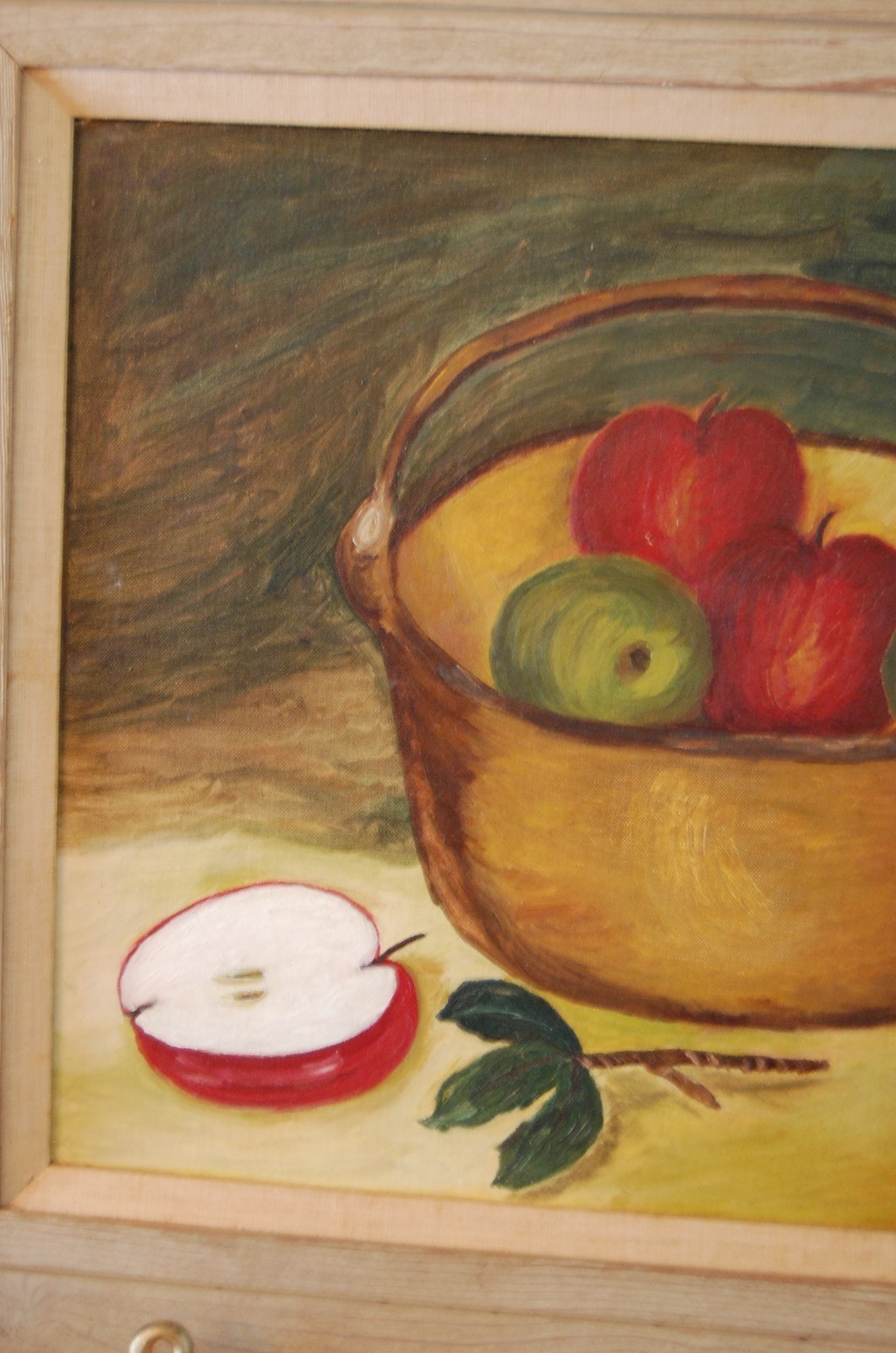 VTG 1950’S MCM FRAMED ORIGINAL PRIMITIVE FOLK ART OIL APPLES & POT A STILL LIFE