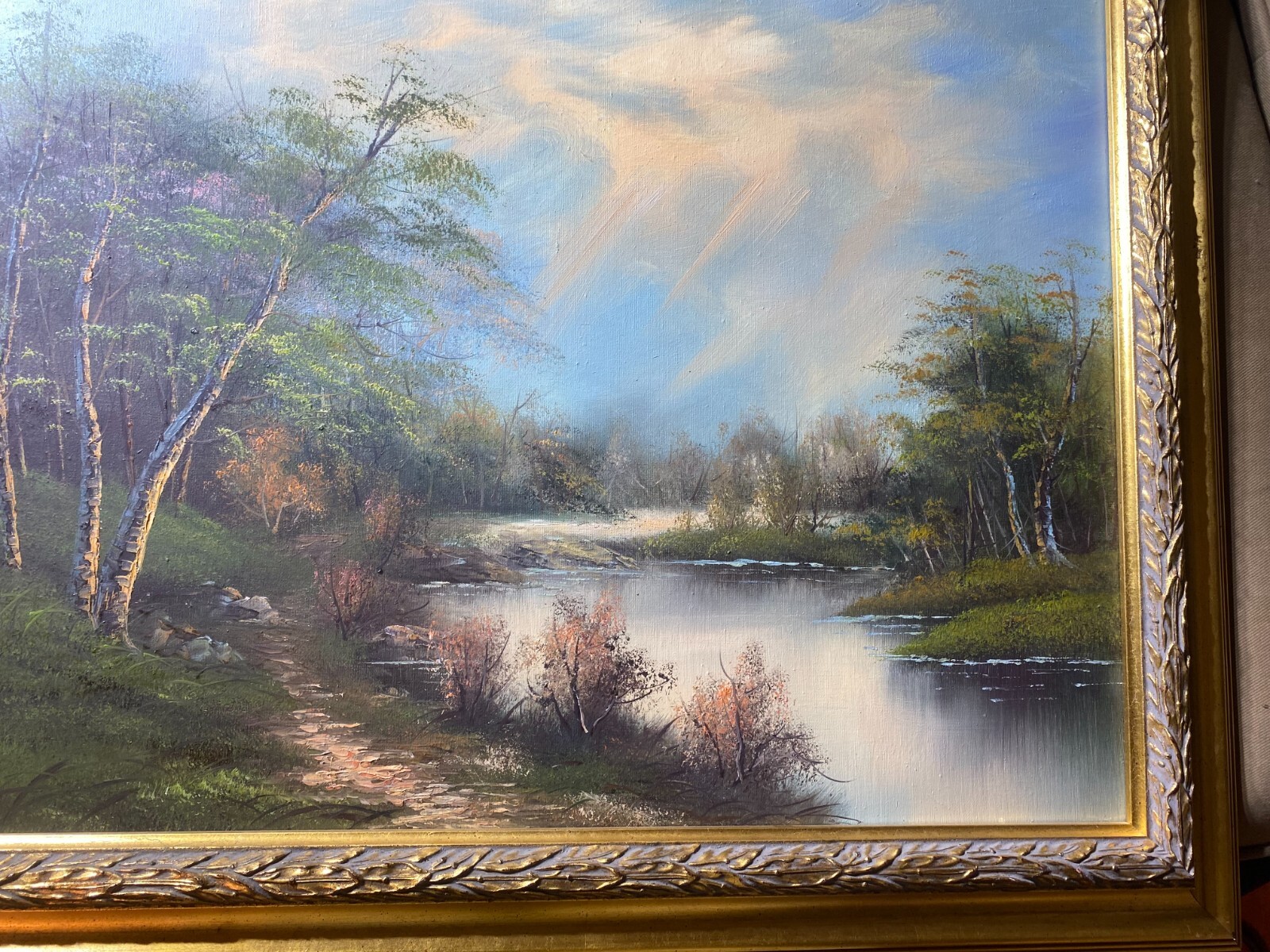 «River And Forest Landscape Scene» Oil On Canvas Painting – Framed