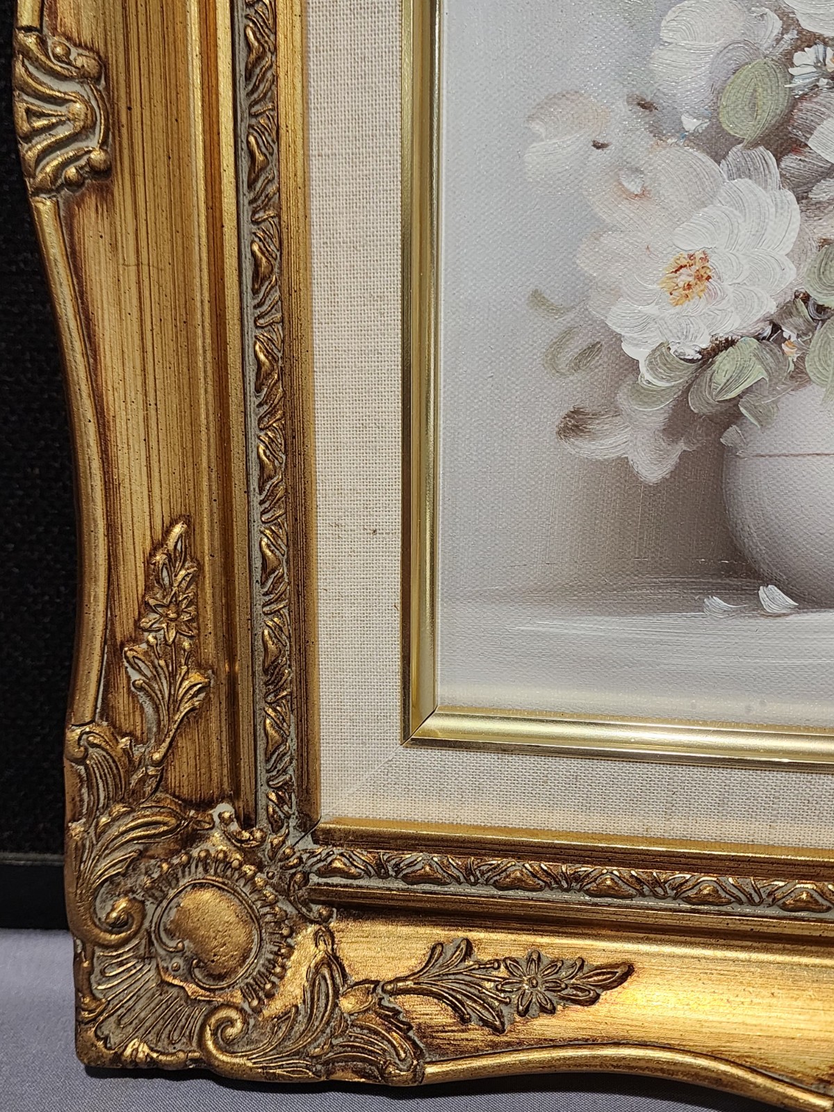 Vintage Canvas Oil Painting WHITE FLOWERS in a Vase Signed THOMAS Wood Framed