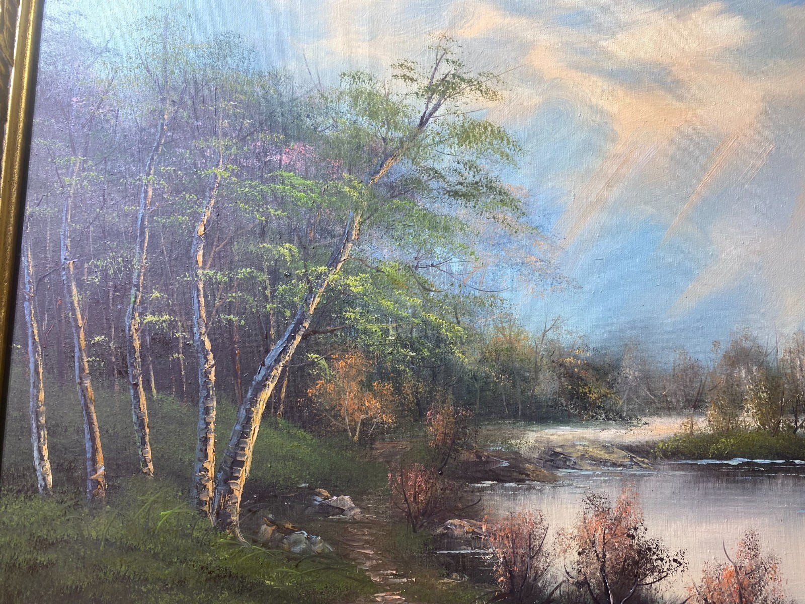 «River And Forest Landscape Scene» Oil On Canvas Painting – Framed