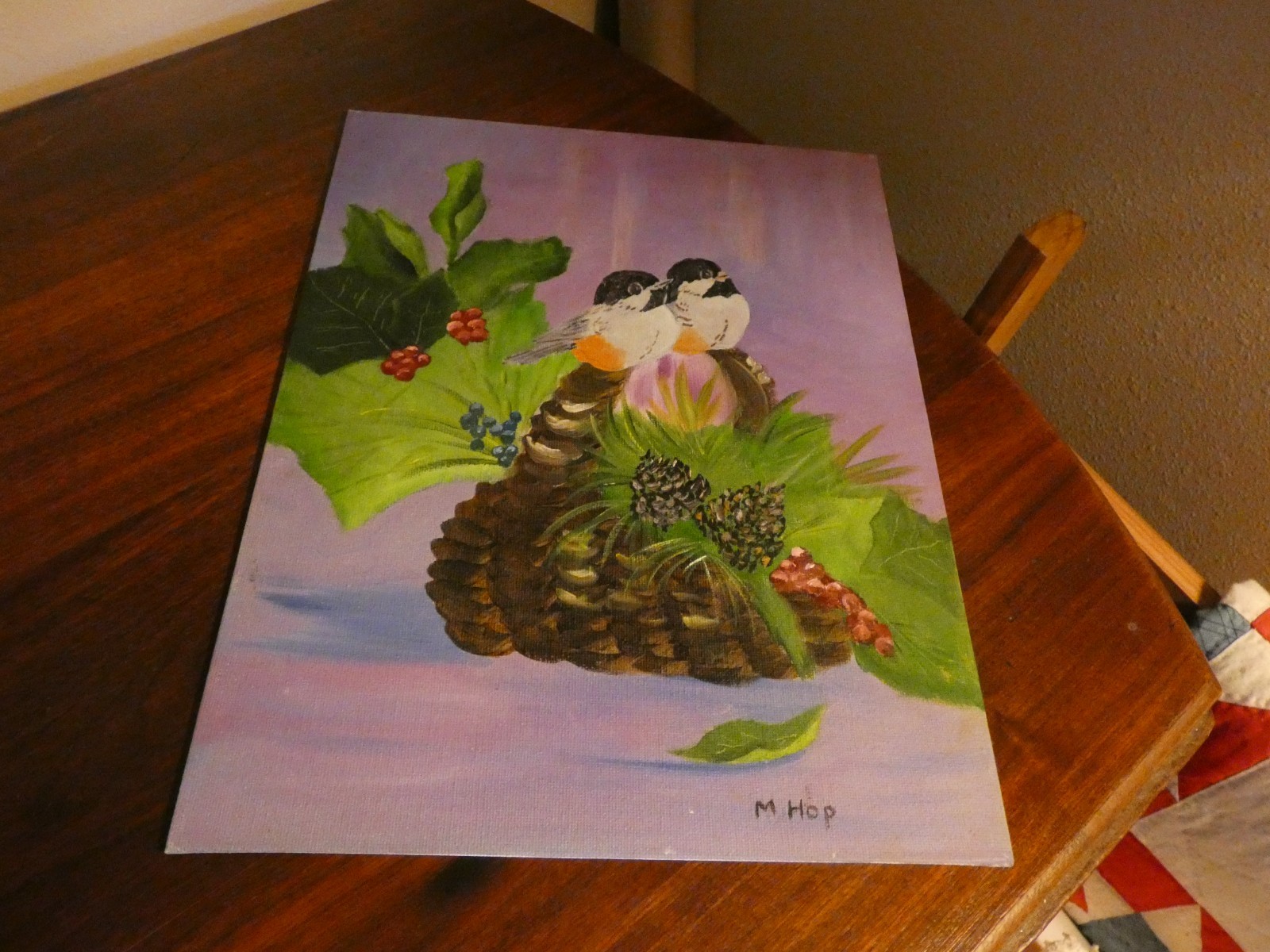 Black Cap Chickadee Original Oil Painting Pinecone Holly Signed M Hop