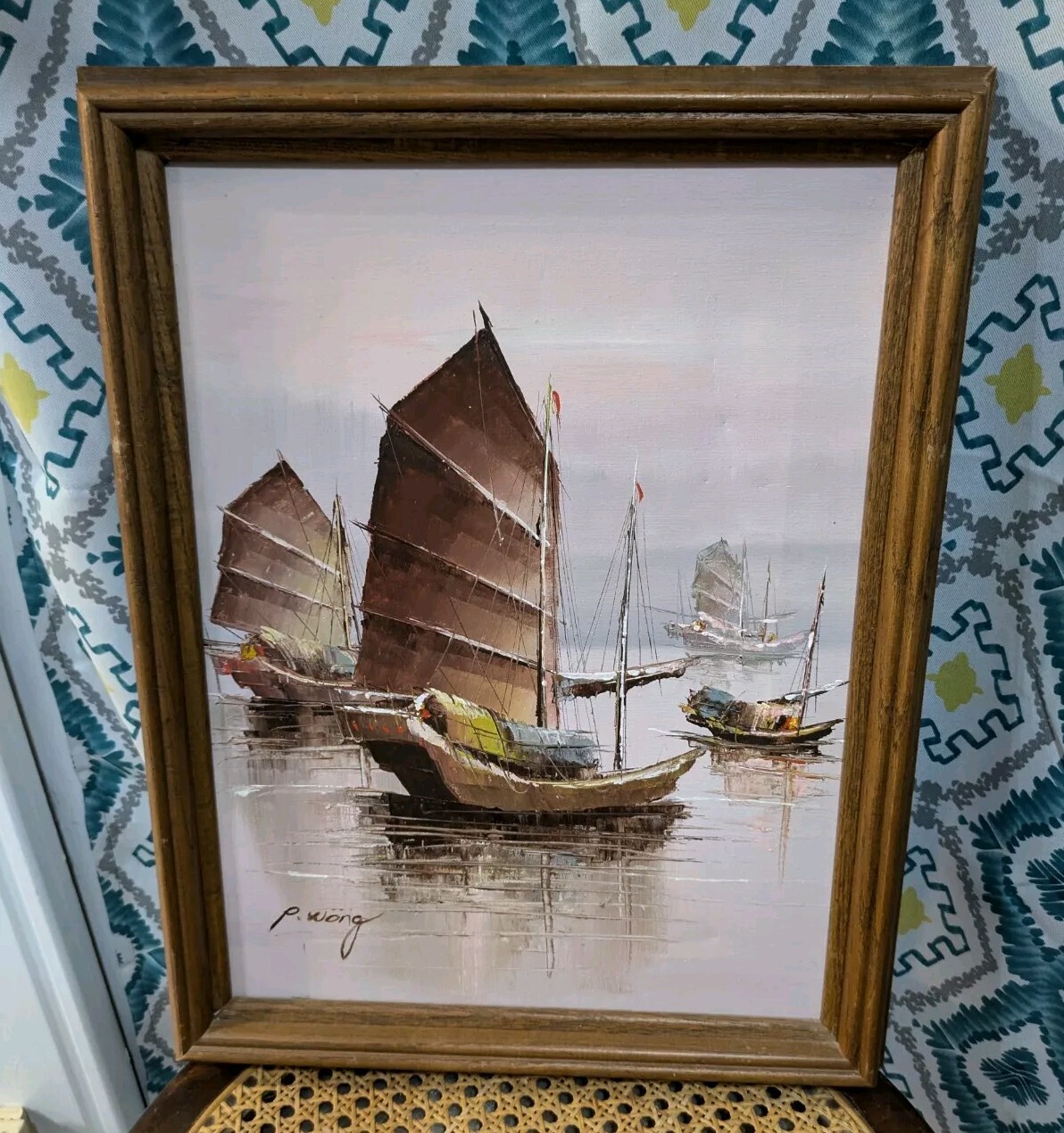 Vintage Wood Framed 13 X 18 Nautical Ship Harbor Oil Painting On Canvas