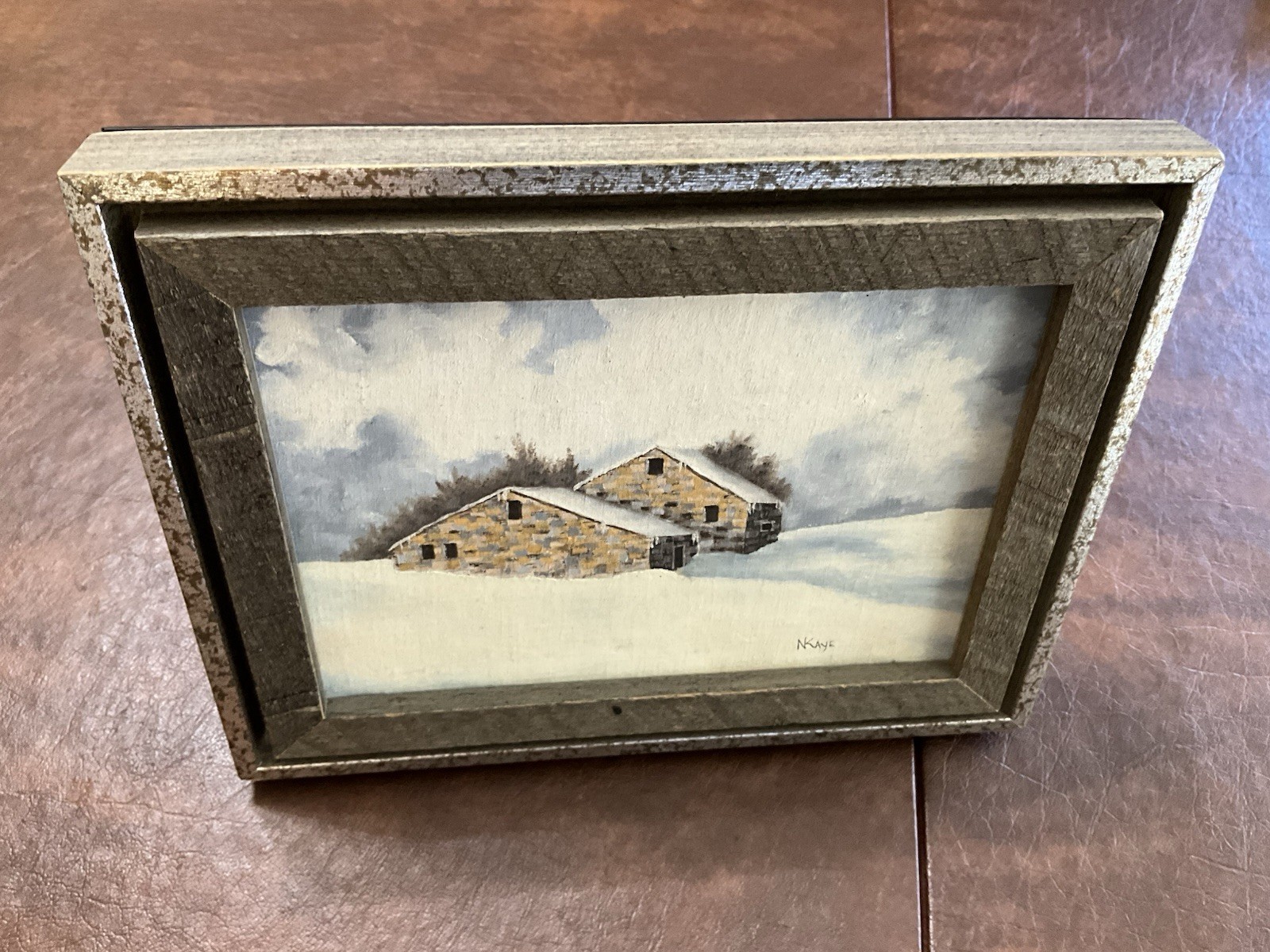 Winter Scene Oil Painting W/stone Houses, 6 5/8 X 8 5/8” Framed N Kaye